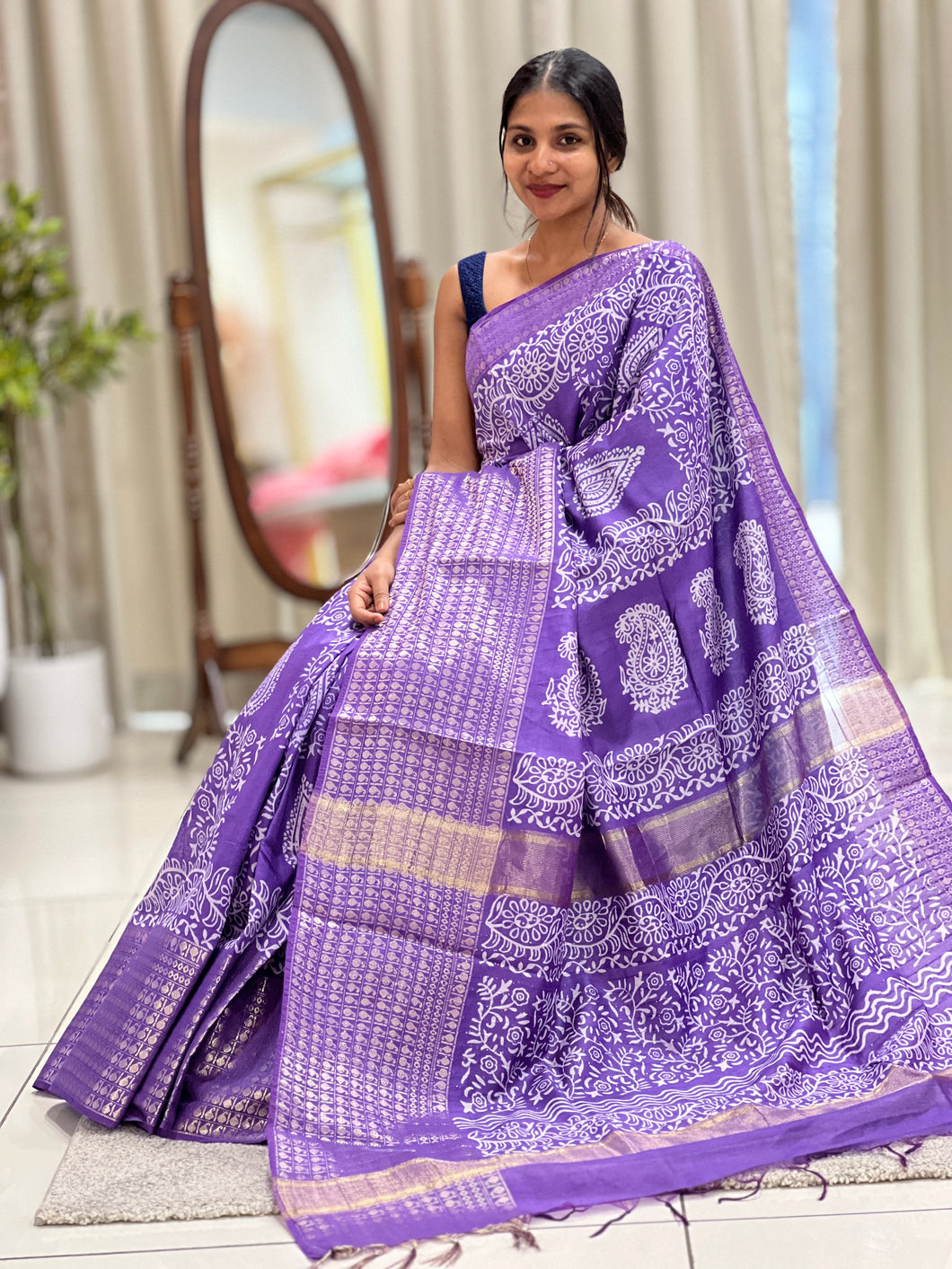 Block Printed Bhagalpuri Linen Saree | SK405