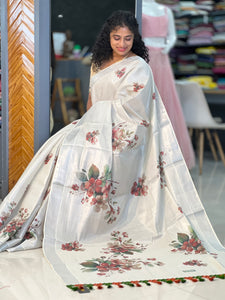 Floral Design Digital Printed Sliver Tissue Saree | GAT238