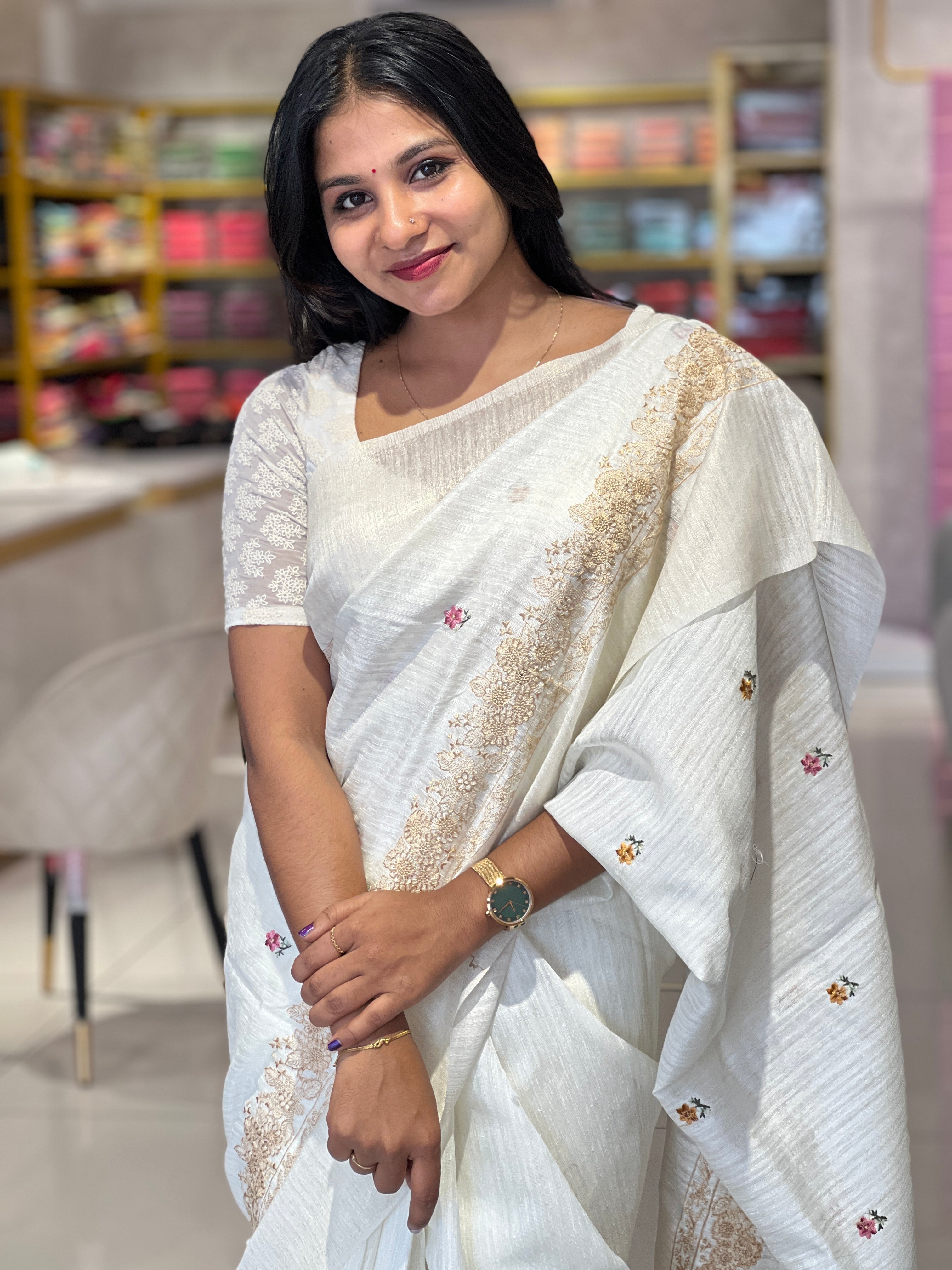 Floral Embriodered Geecha Tussar Finish Saree | BLD1134