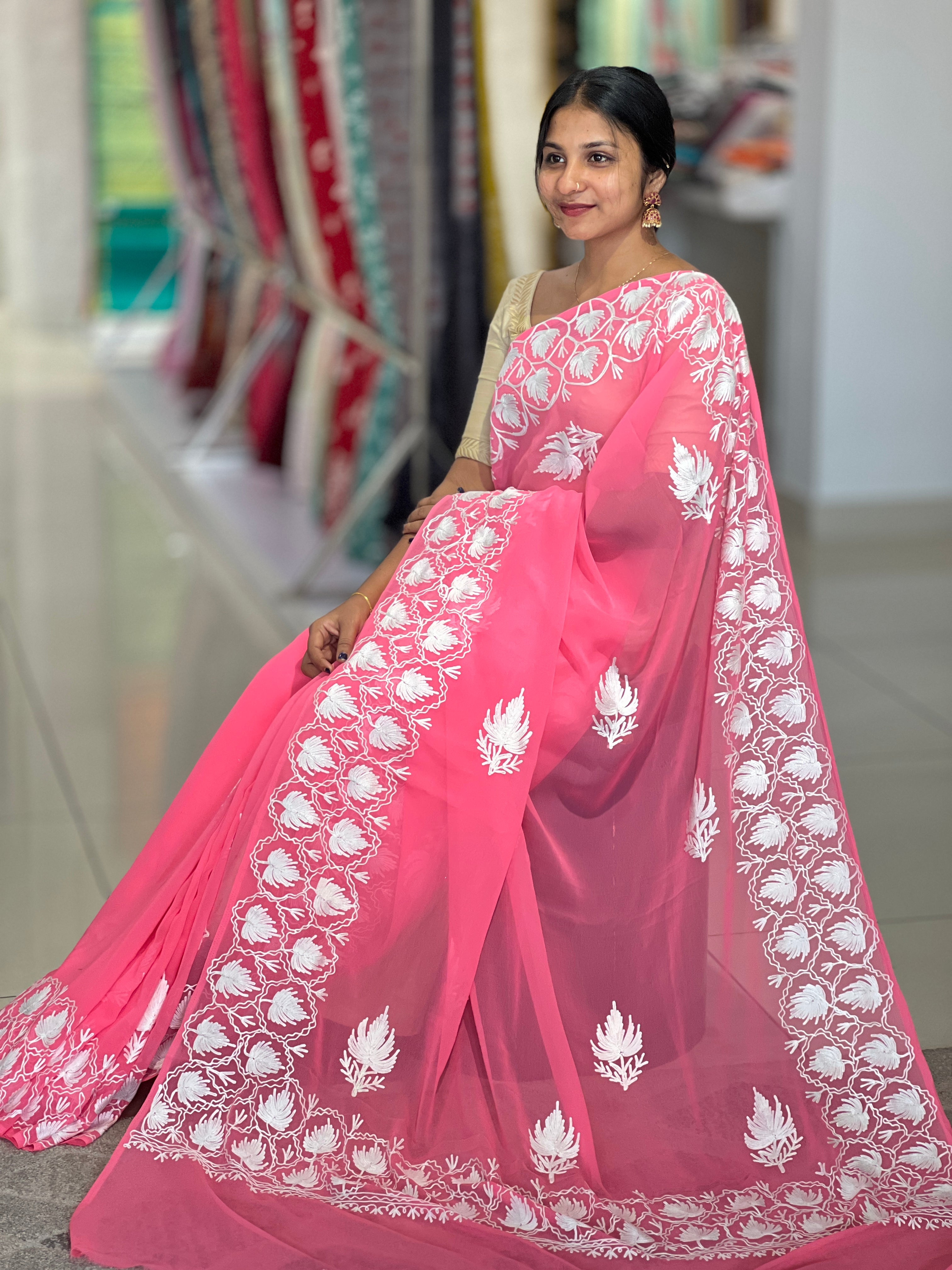 Kashida Inspired Machine Embroidery Georgette Saree | HK252