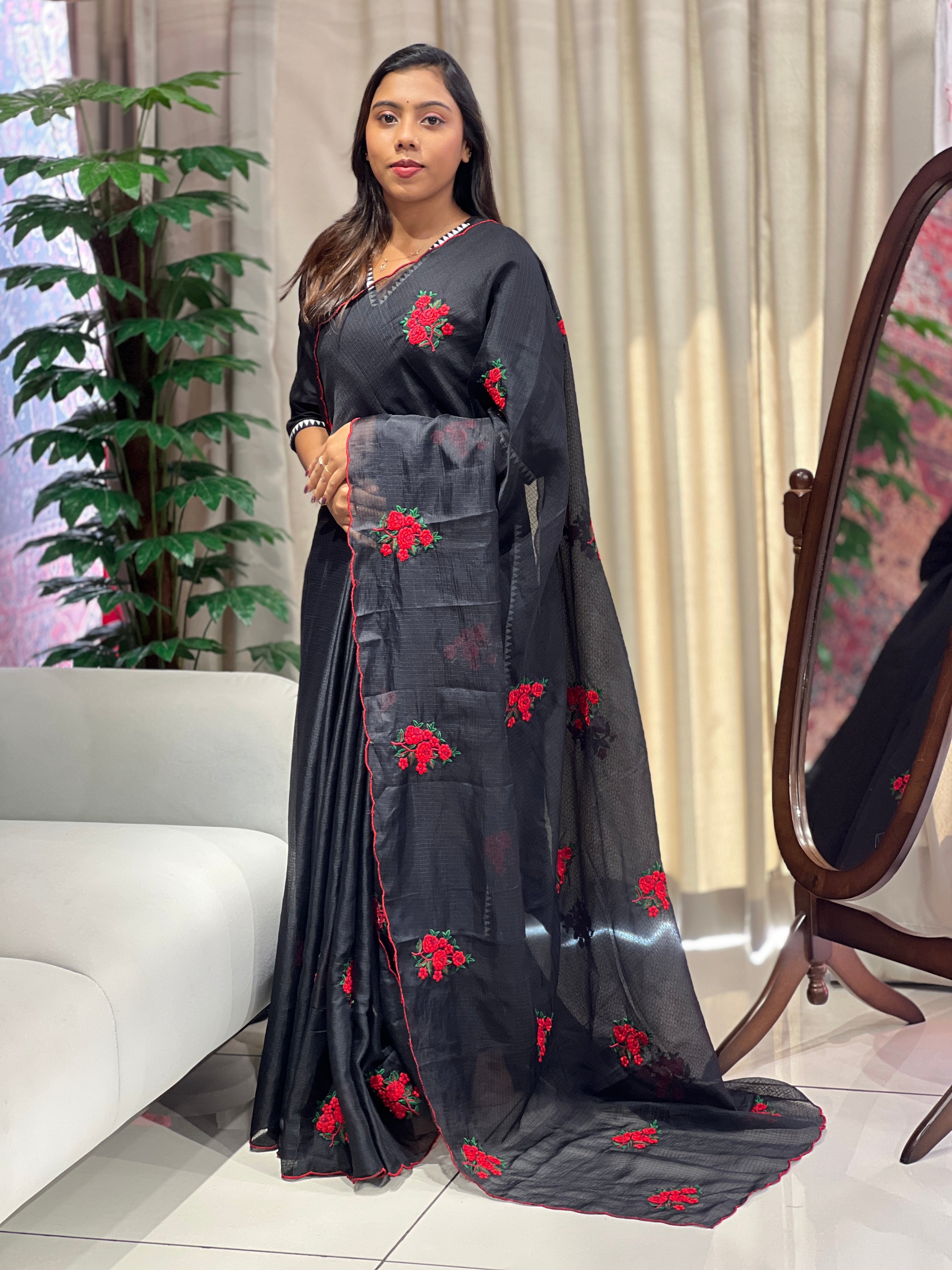 Floral Machine Embroidery Detailed Silky Kota Saree | HT347