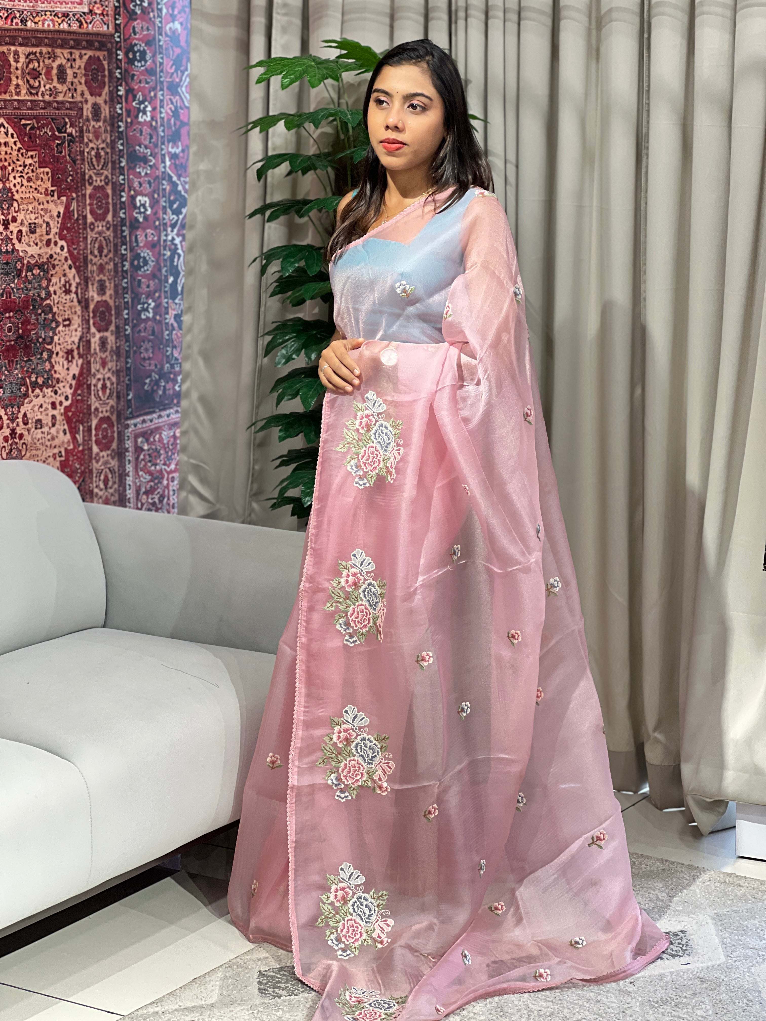 Floral Cross Stitch Embroidered Shimmer Organza Saree | BLD1492