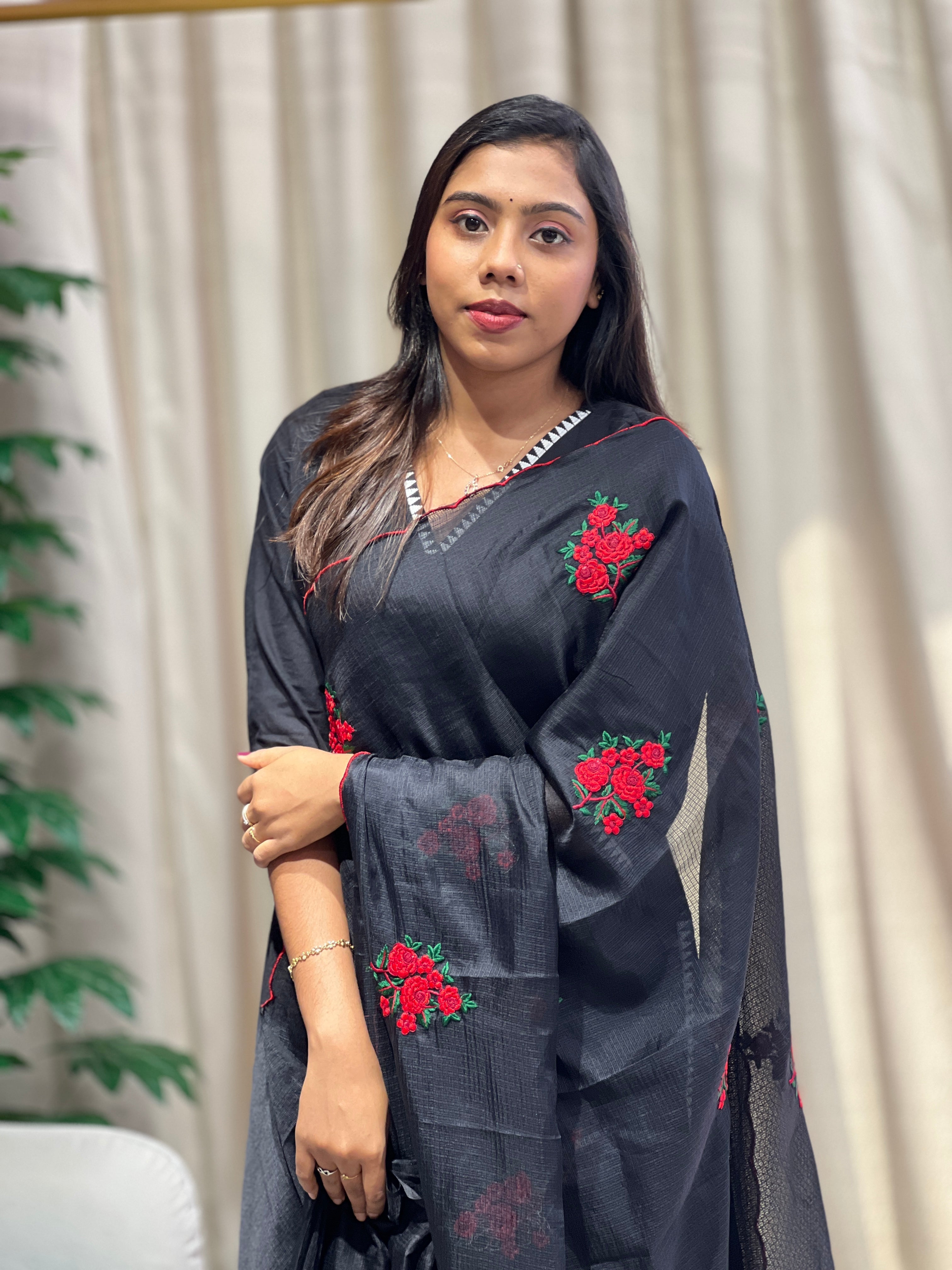 Floral Machine Embroidery Detailed Silky Kota Saree | HT347