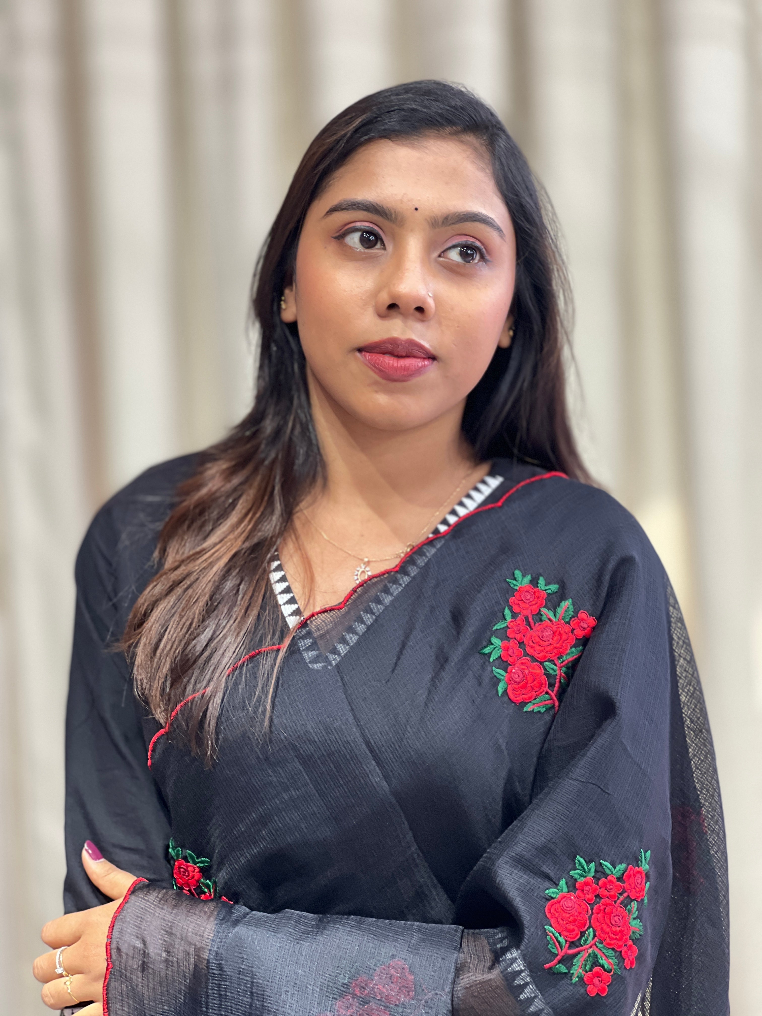 Floral Machine Embroidery Detailed Silky Kota Saree | HT347