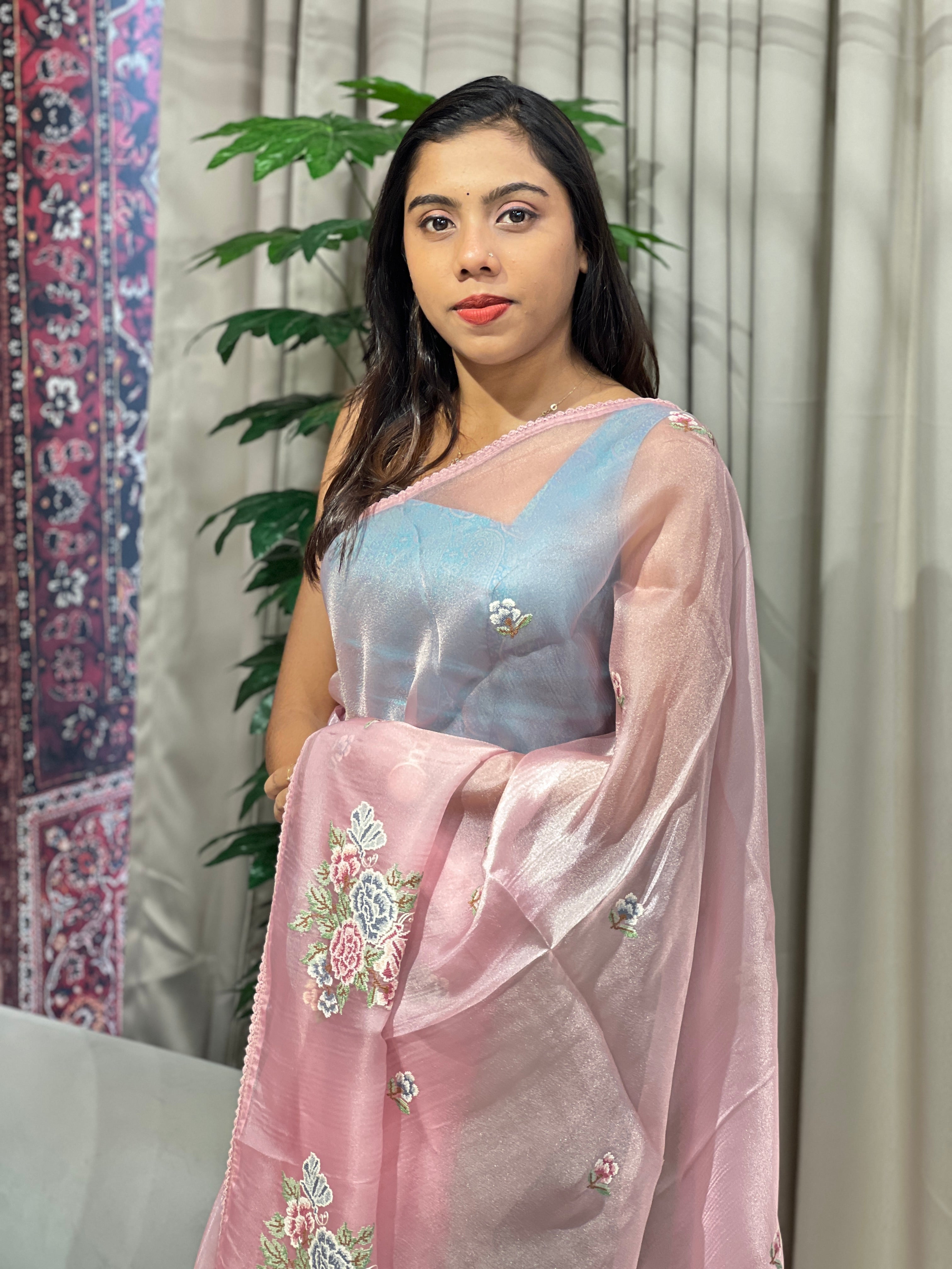 Floral Cross Stitch Embroidered Shimmer Organza Saree | BLD1492