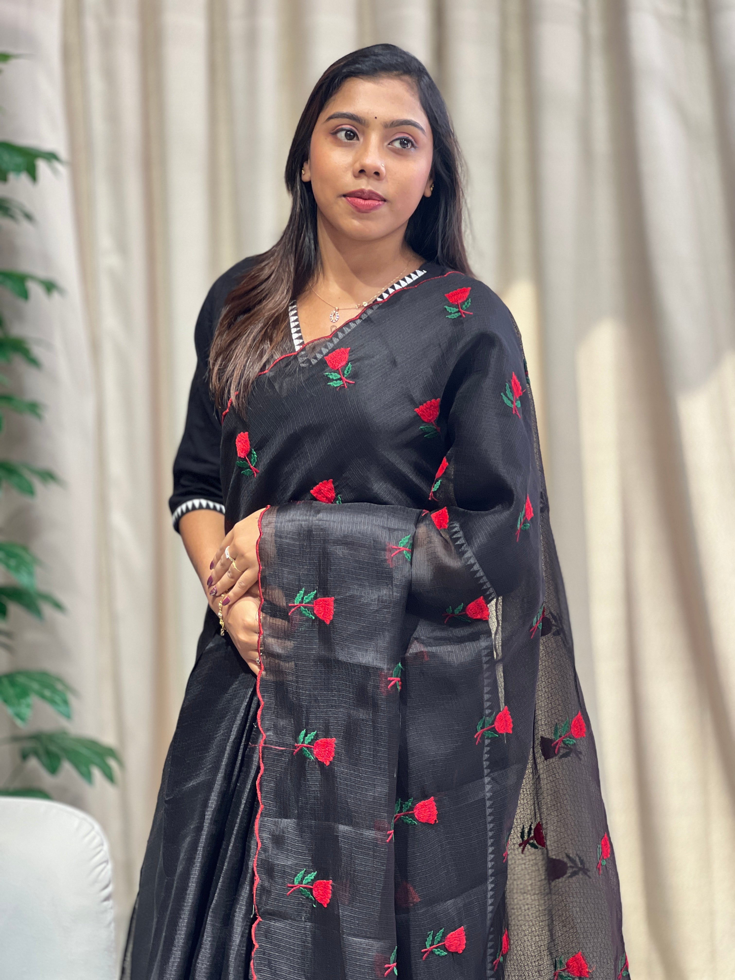 Floral Machine Embroidery Detailed Silky Kota Saree | HT350