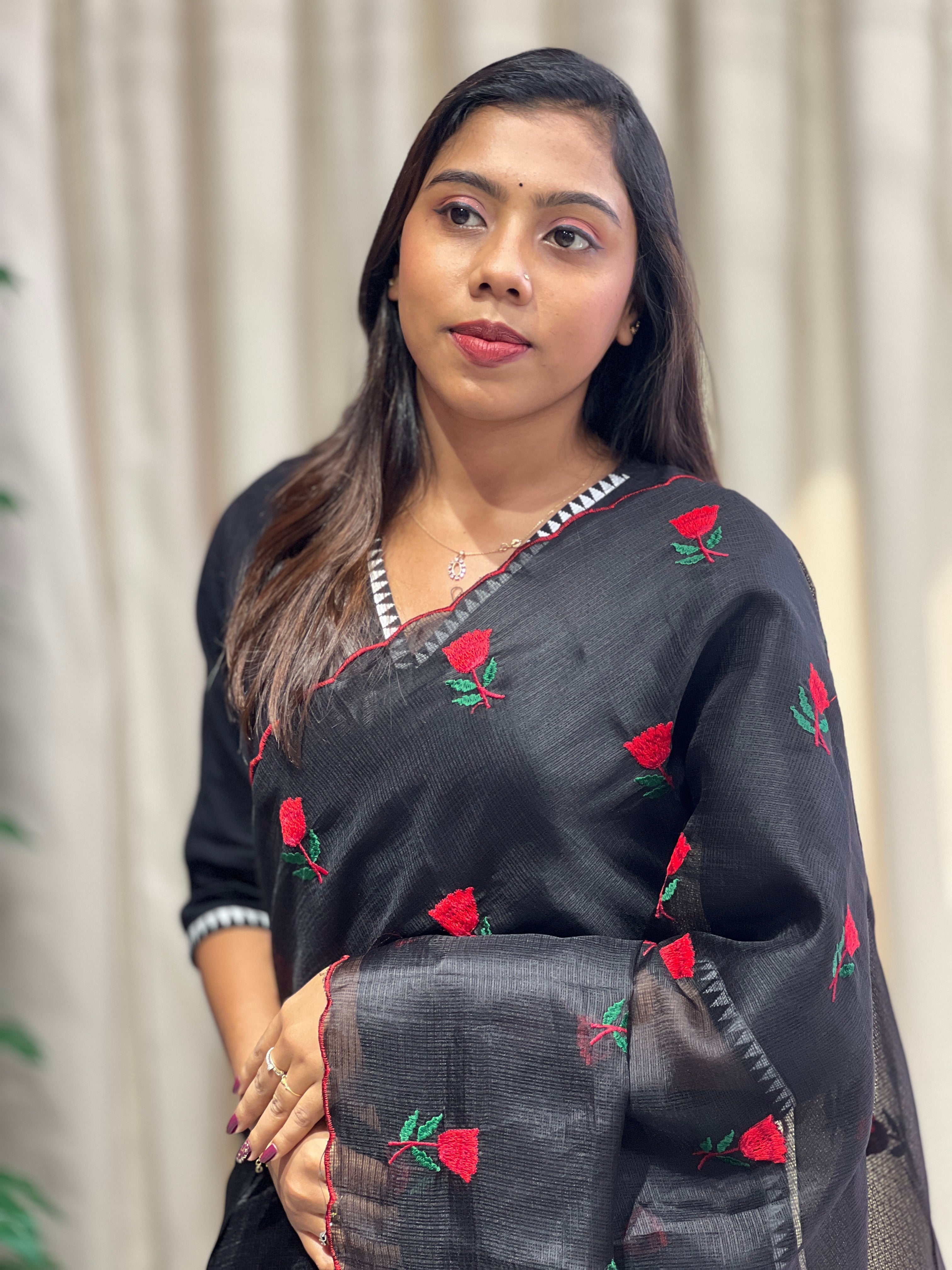 Floral Machine Embroidery Detailed Silky Kota Saree | HT350