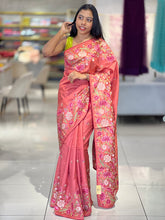 Multi-Colour Floral Cross Stitch Embroidered Pure Tussar Saree | SUN449