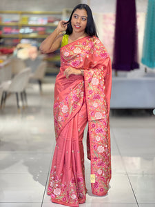 Multi-Colour Floral Cross Stitch Embroidered Pure Tussar Saree | SUN449