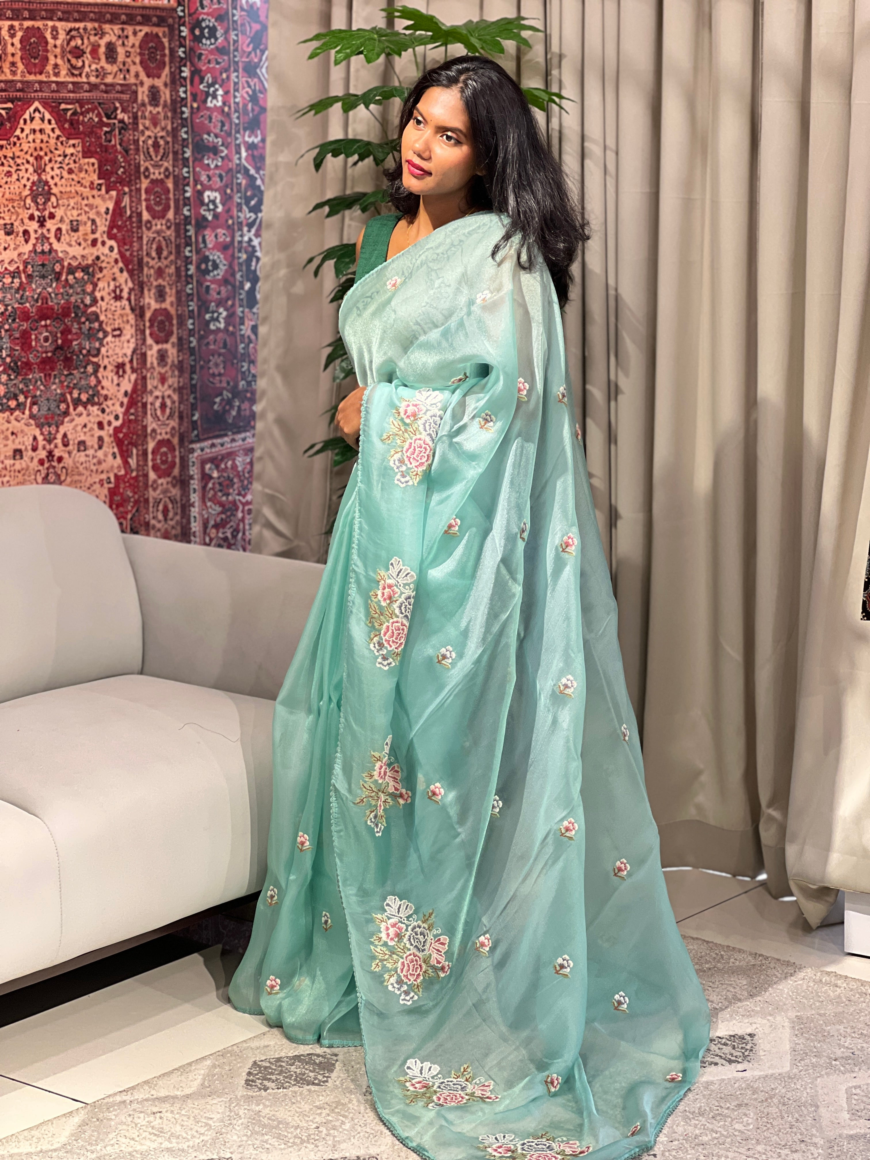 Floral Cross Stitch Embroidered Shimmer Organza Saree | BLD1493