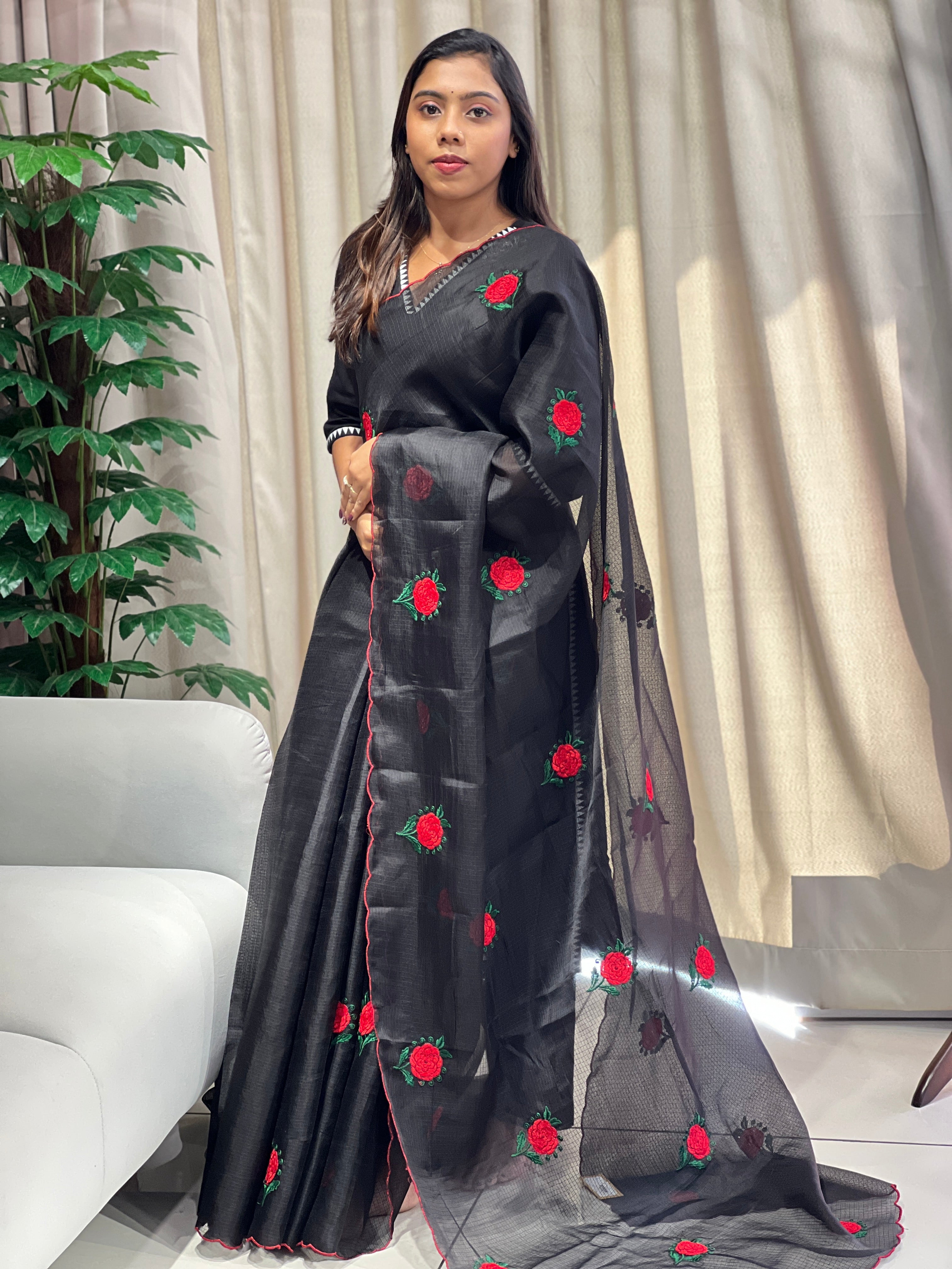 Floral Machine Embroidery Detailed Silky Kota Saree | HT346