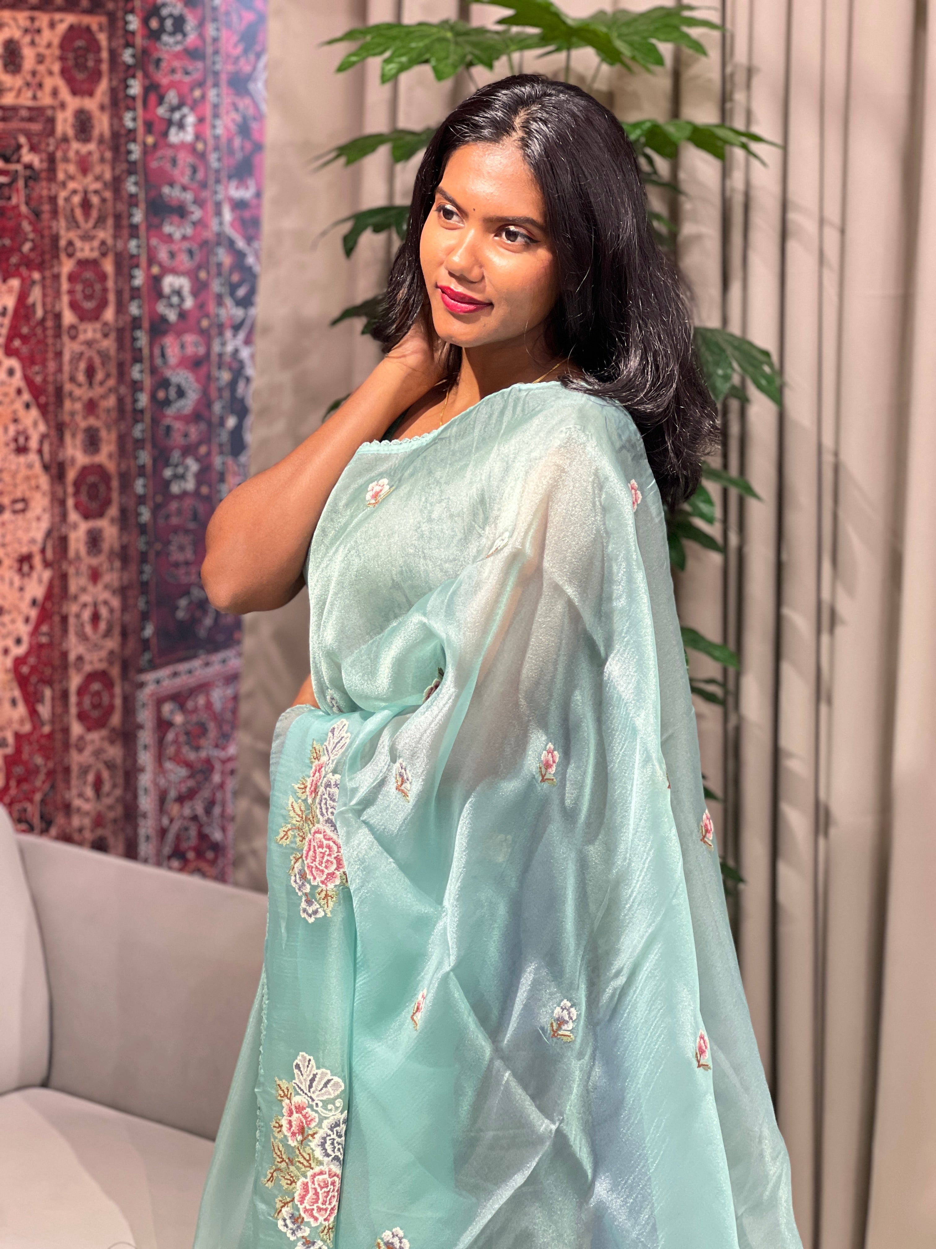 Floral Cross Stitch Embroidered Shimmer Organza Saree | BLD1493