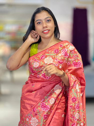 Multi-Colour Floral Cross Stitch Embroidered Pure Tussar Saree | SUN449