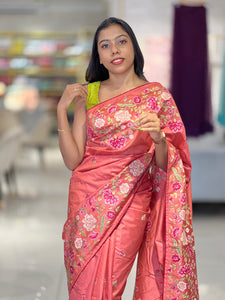 Multi-Colour Floral Cross Stitch Embroidered Pure Tussar Saree | SUN449