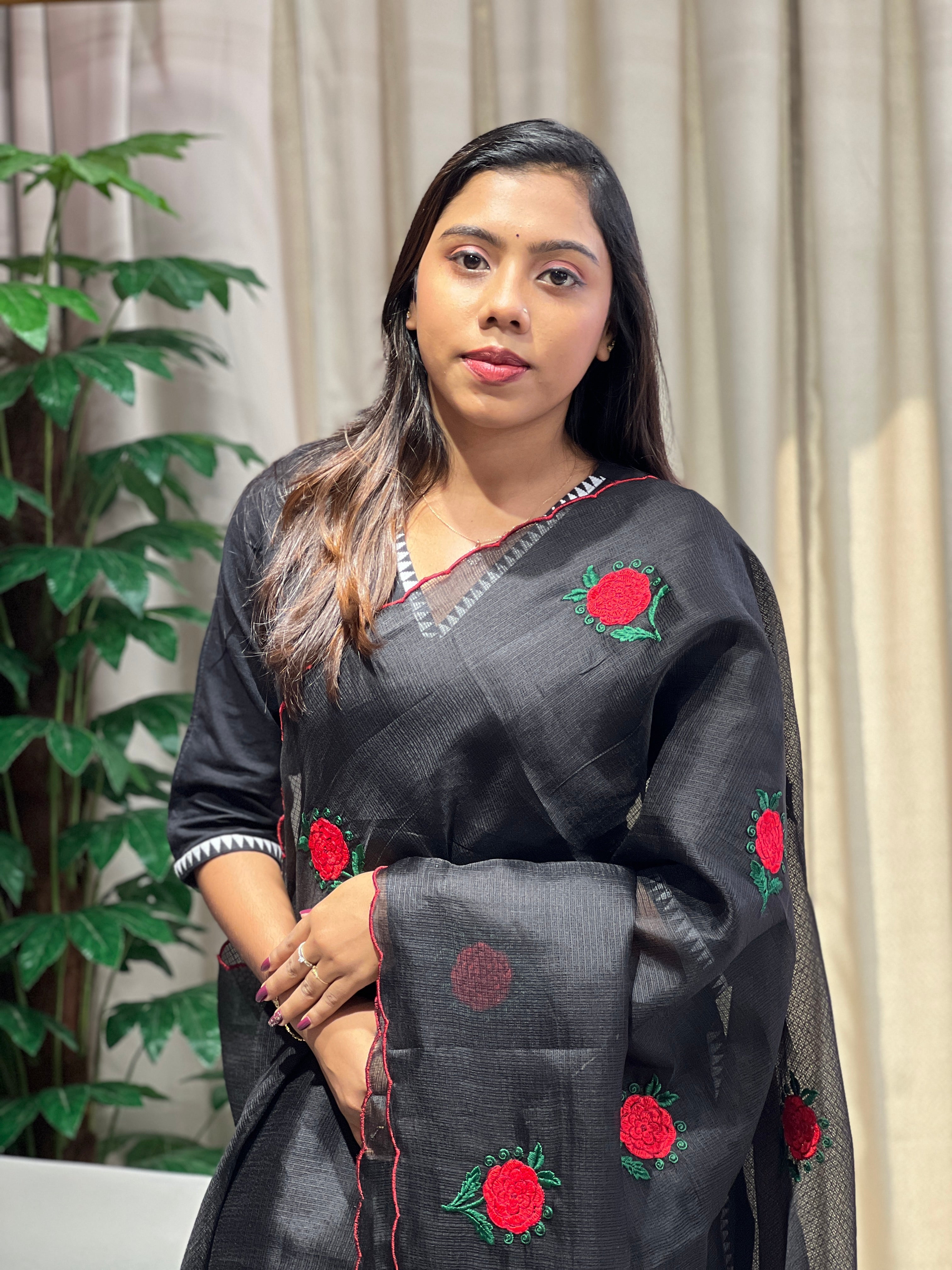 Floral Machine Embroidery Detailed Silky Kota Saree | HT346