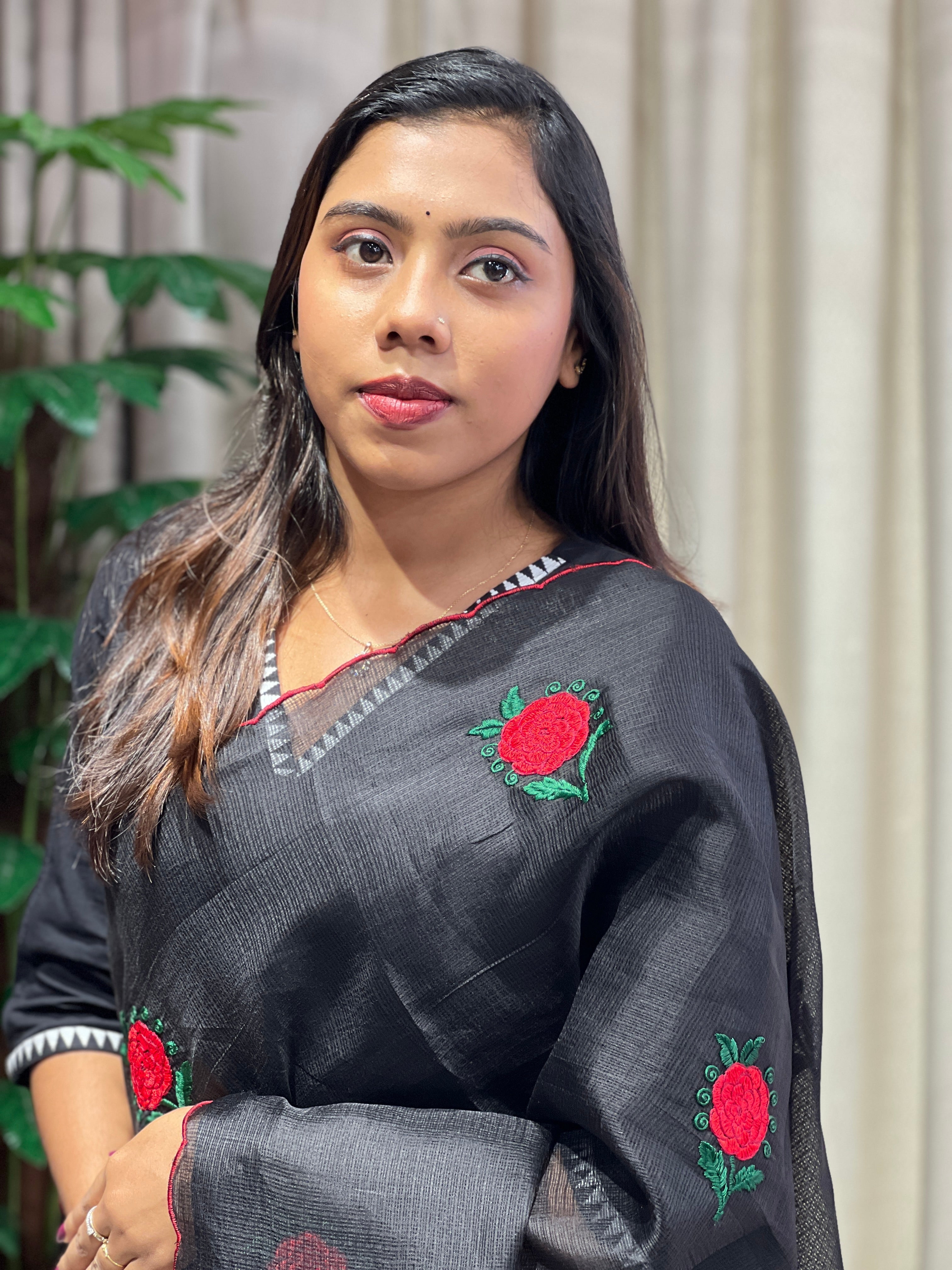 Floral Machine Embroidery Detailed Silky Kota Saree | HT346