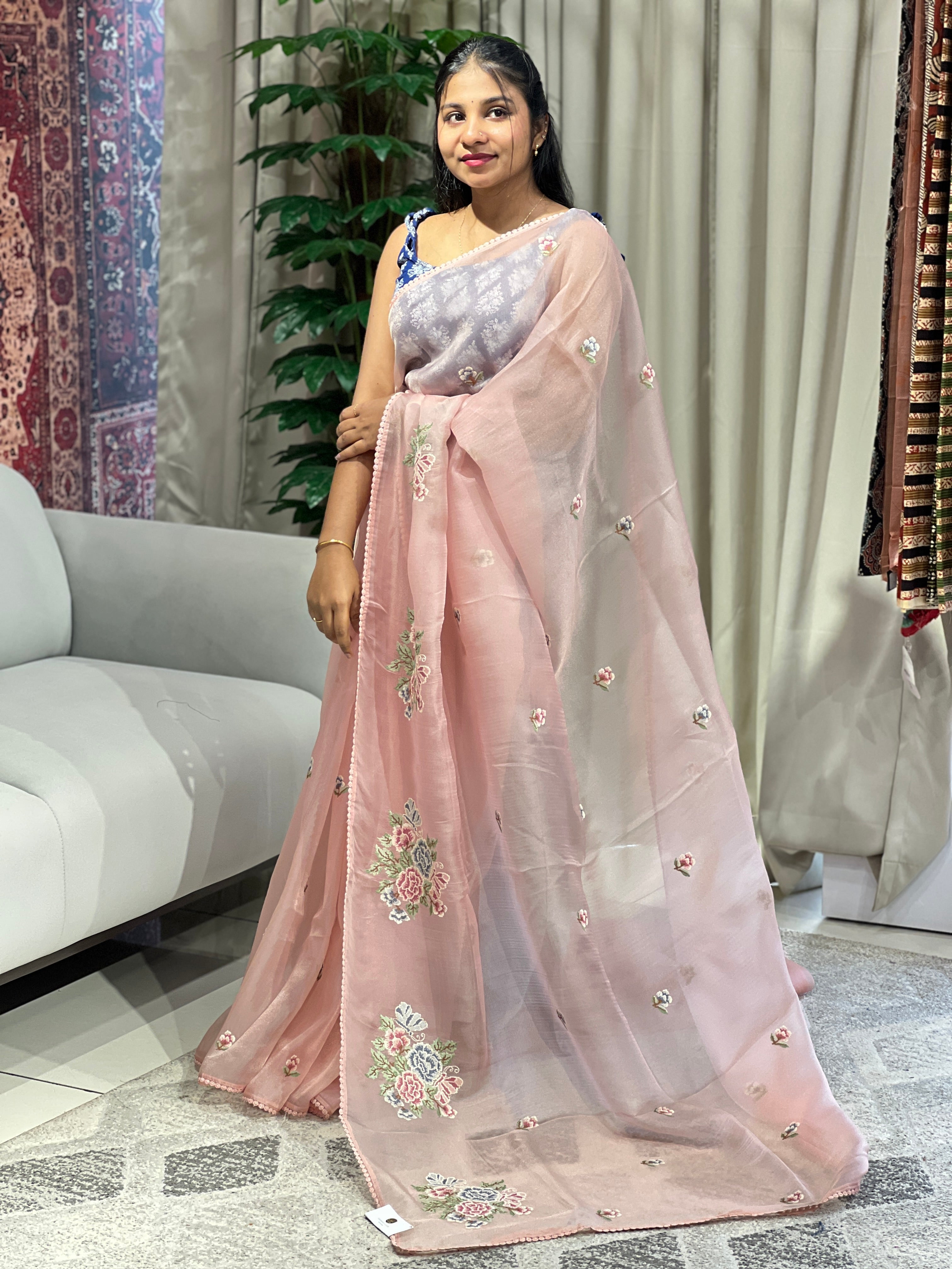 Floral Cross Stitch Embroidered Shimmer Organza Saree | BLD1491