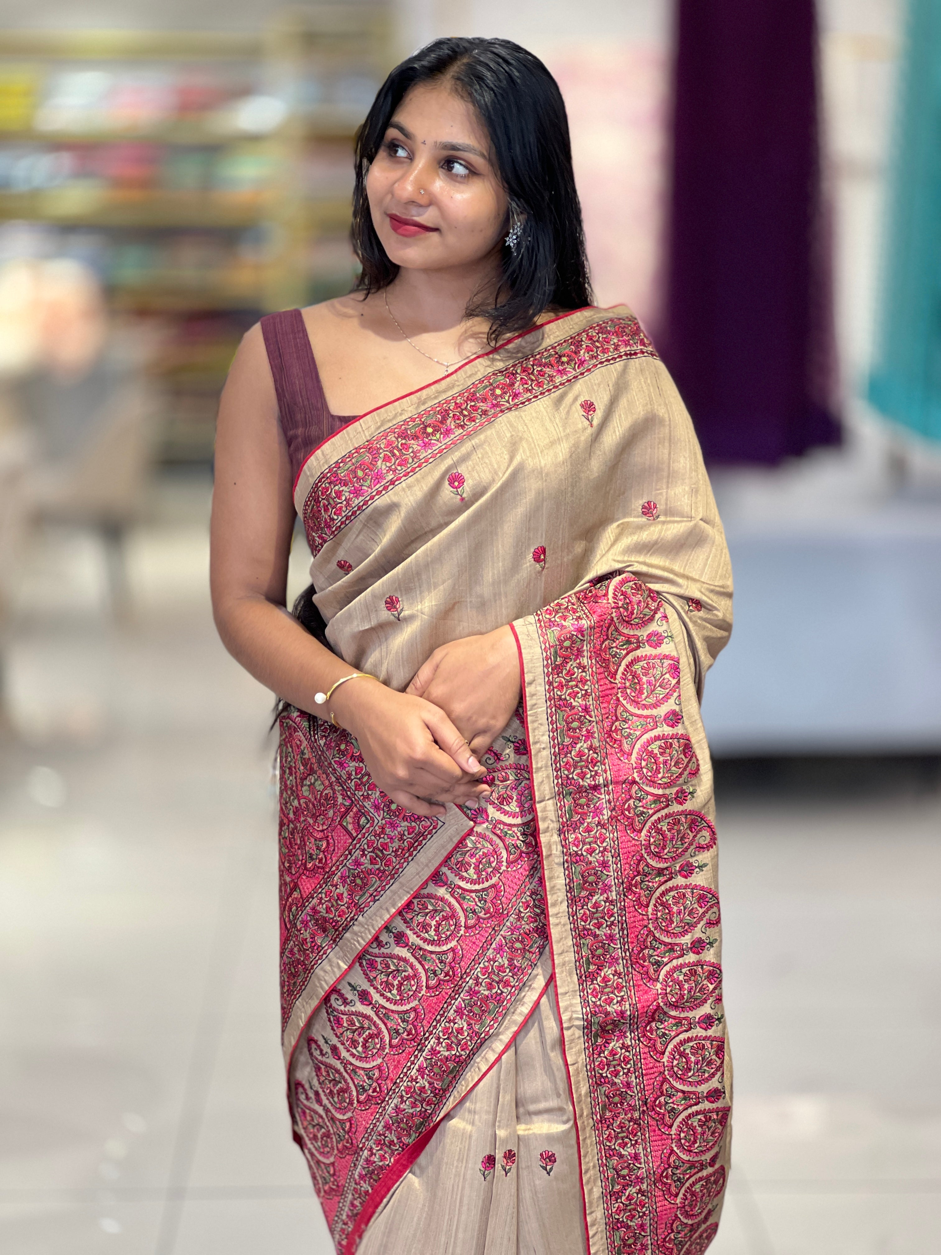 Machine Embroidery Detailed Tussar Saree | SUN413