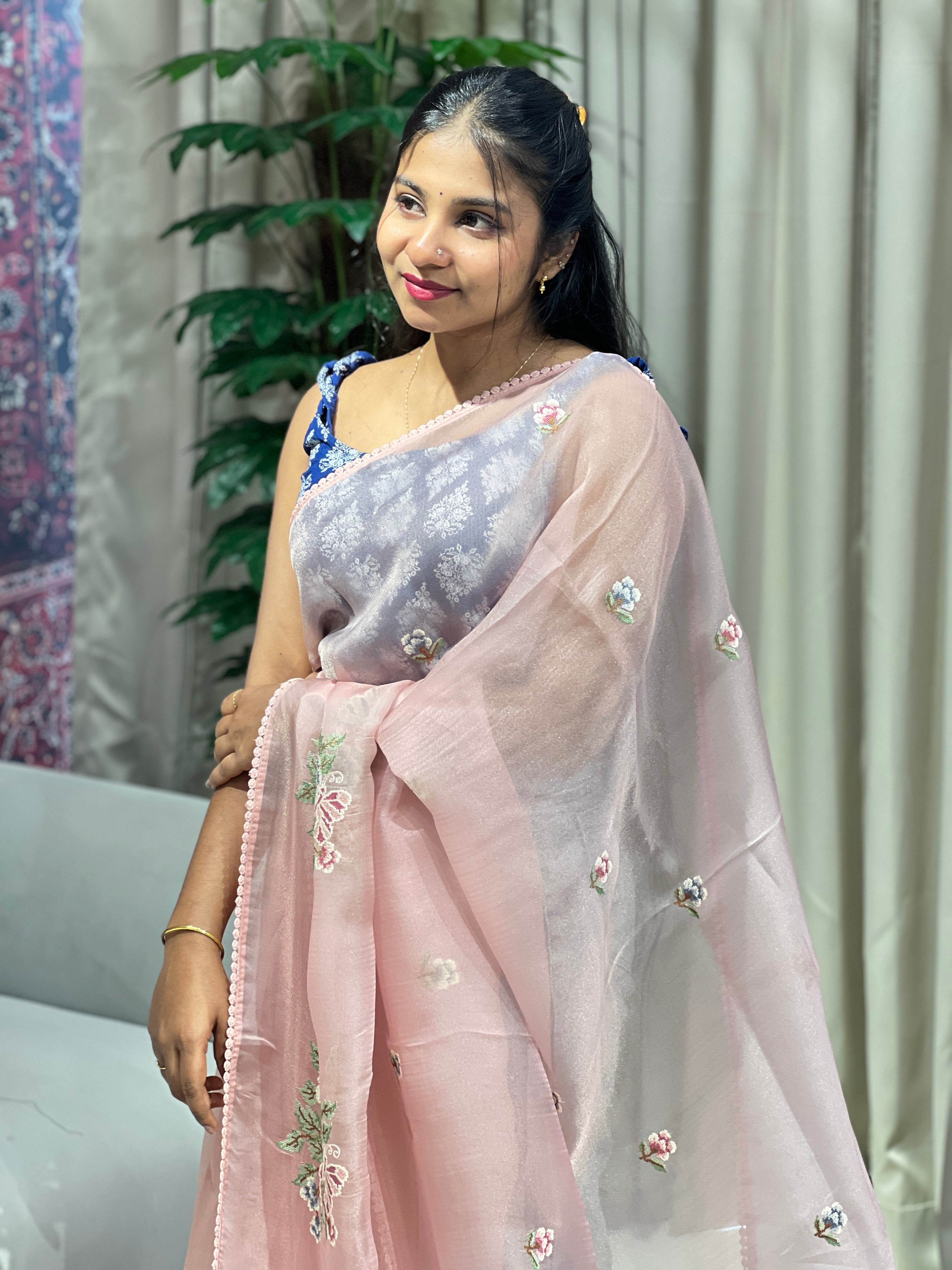 Floral Cross Stitch Embroidered Shimmer Organza Saree | BLD1491