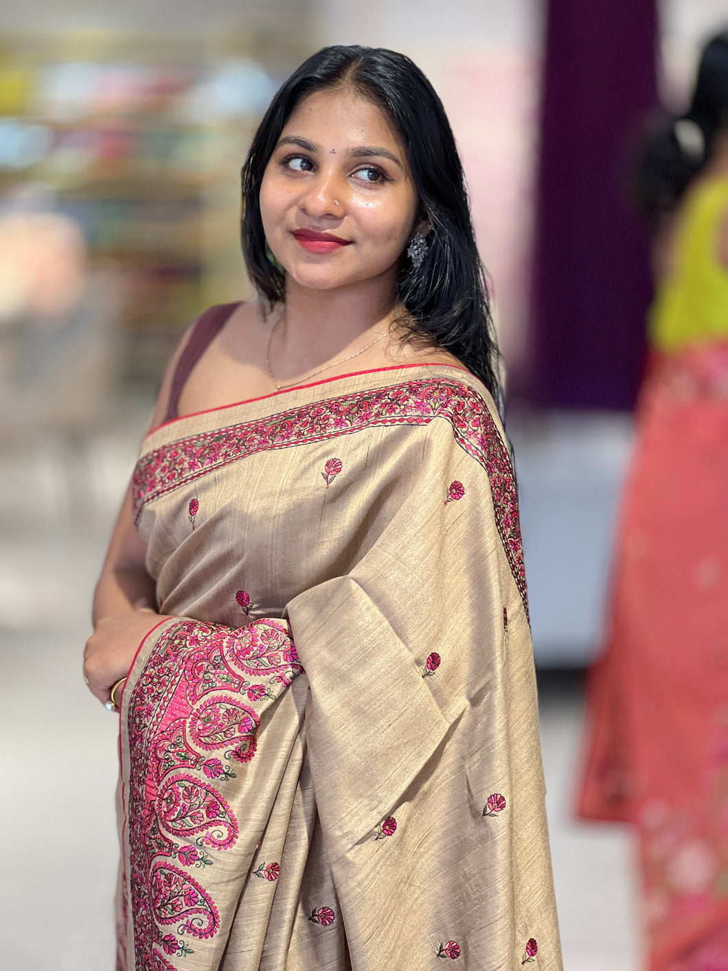 Machine Embroidery Detailed Tussar Saree | SUN413