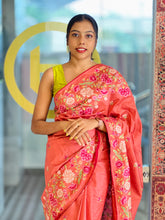 Multi-Colour Floral Cross Stitch Embroidered Pure Tussar Saree | SUN449