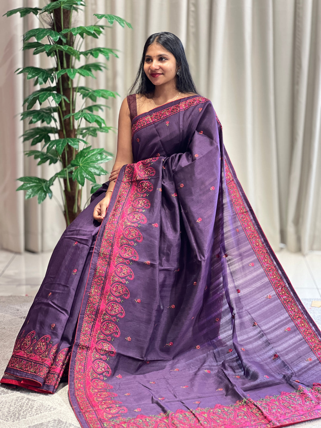 Machine Embroidery Detailed Tussar Saree | SUN415