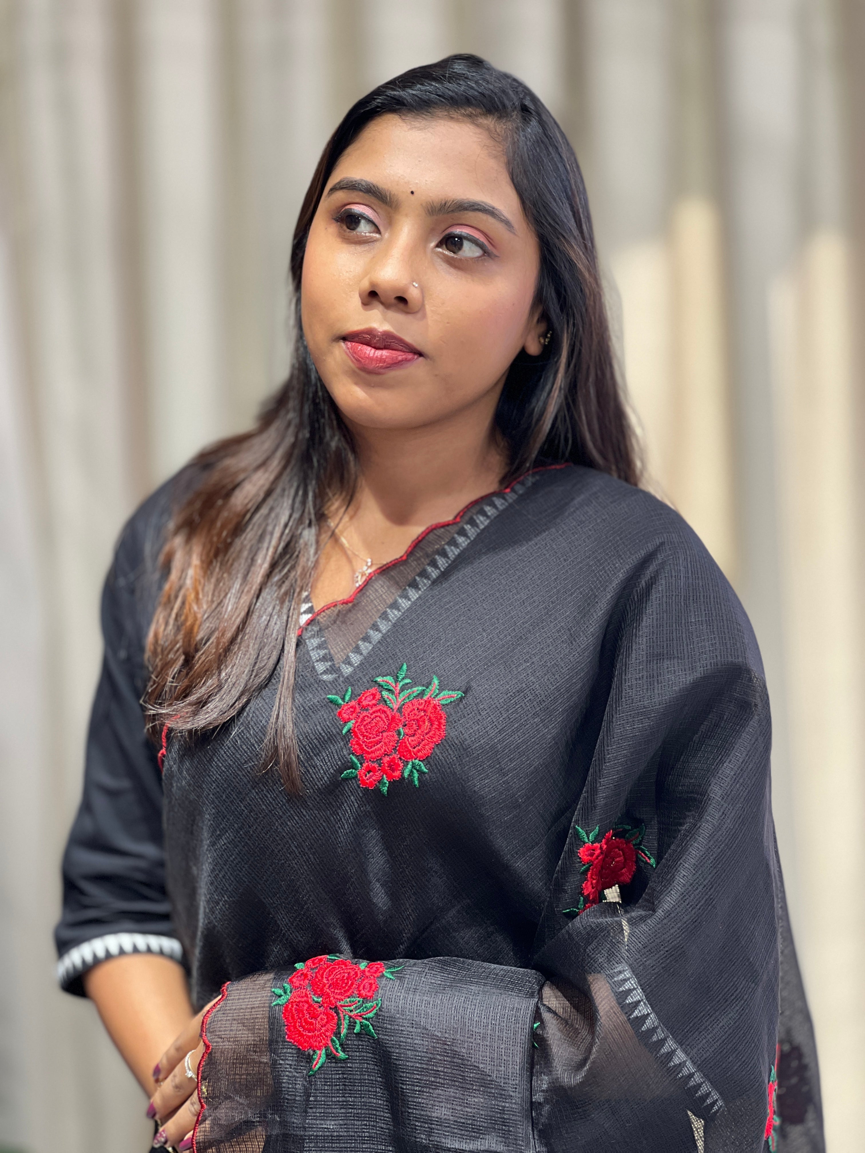 Floral Machine Embroidery Detailed Silky Kota Saree | HT349