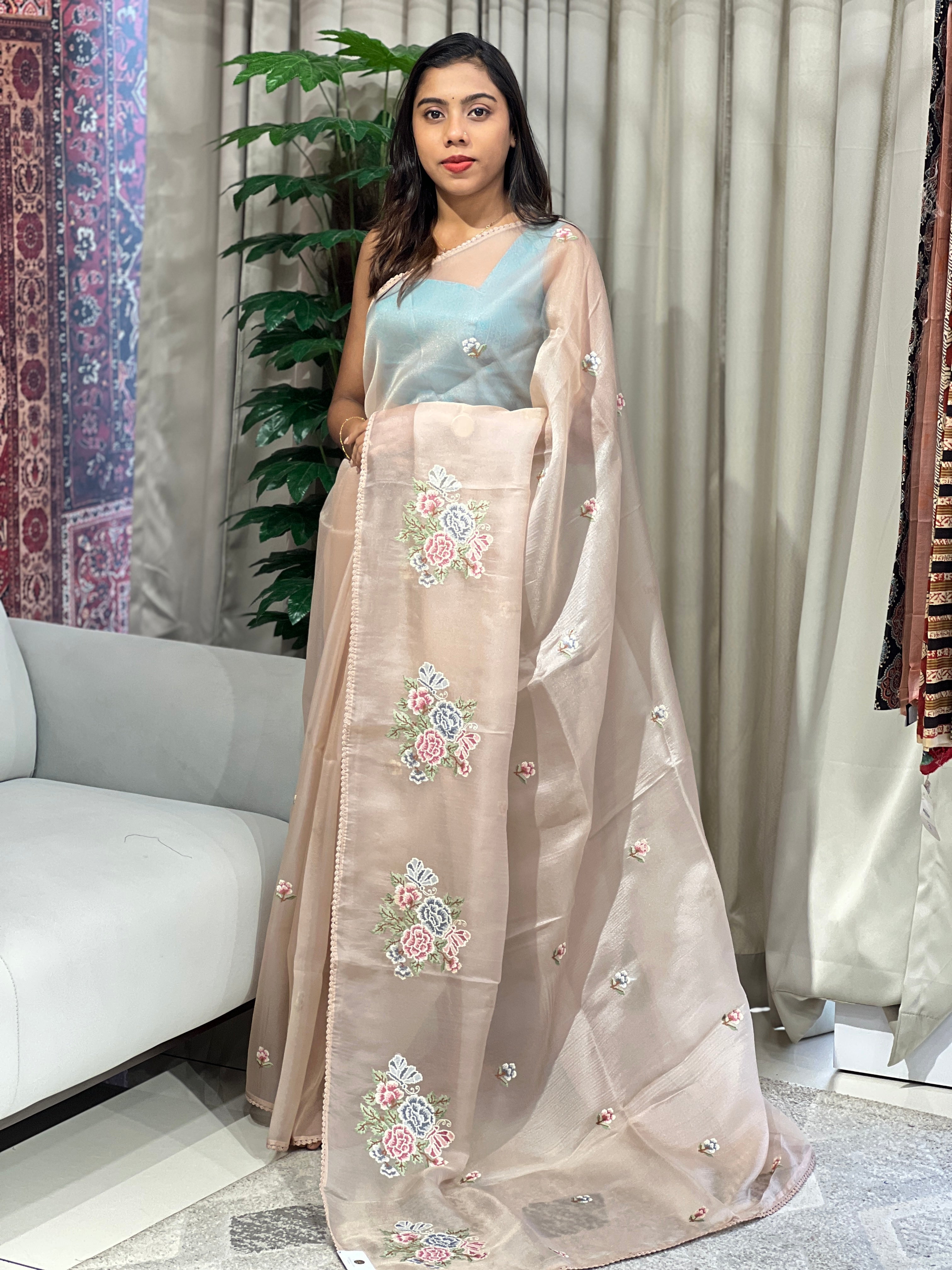 Floral Cross Stitch Embroidered Shimmer Organza Saree | BLD1490