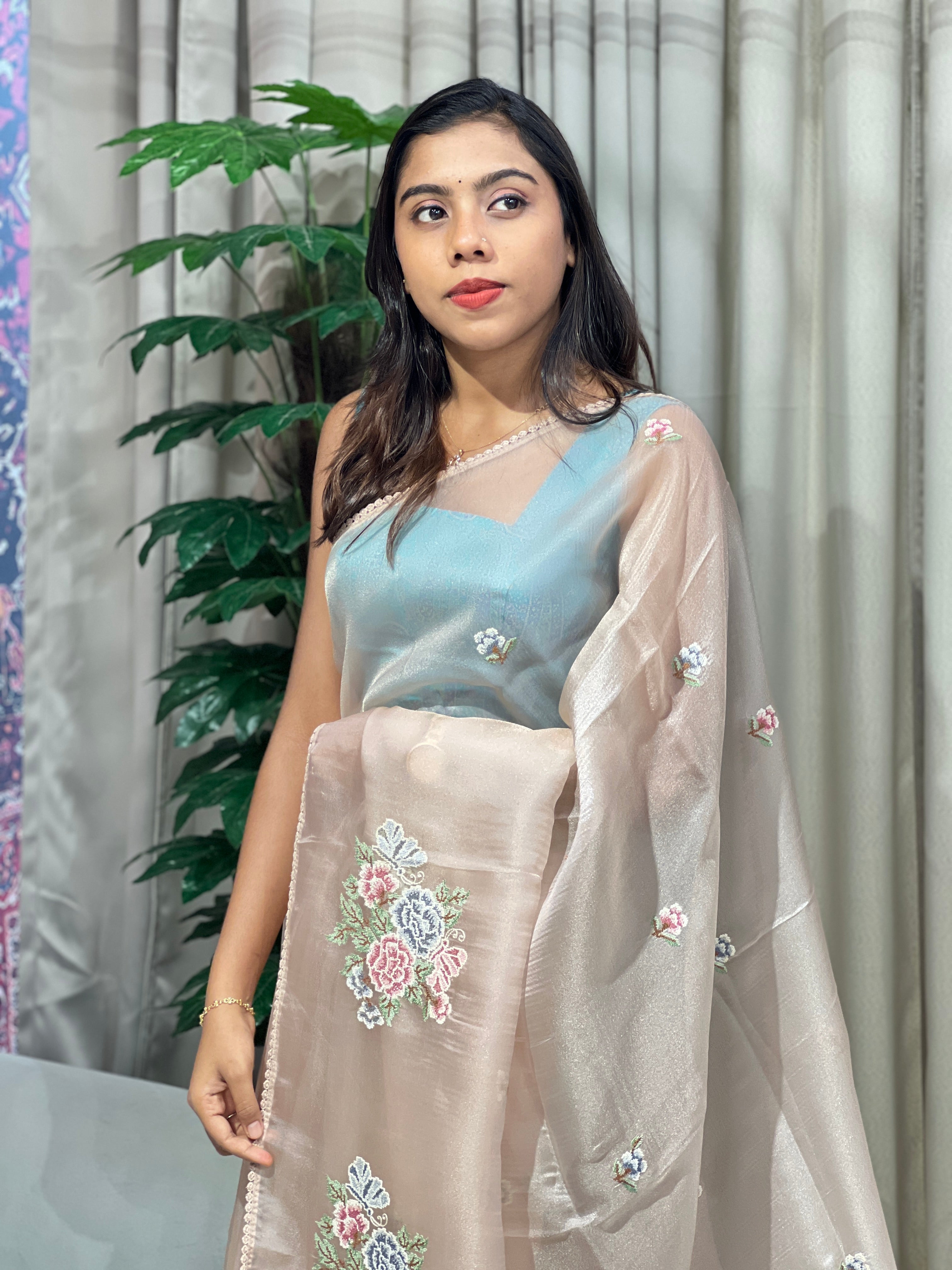 Floral Cross Stitch Embroidered Shimmer Organza Saree | BLD1490