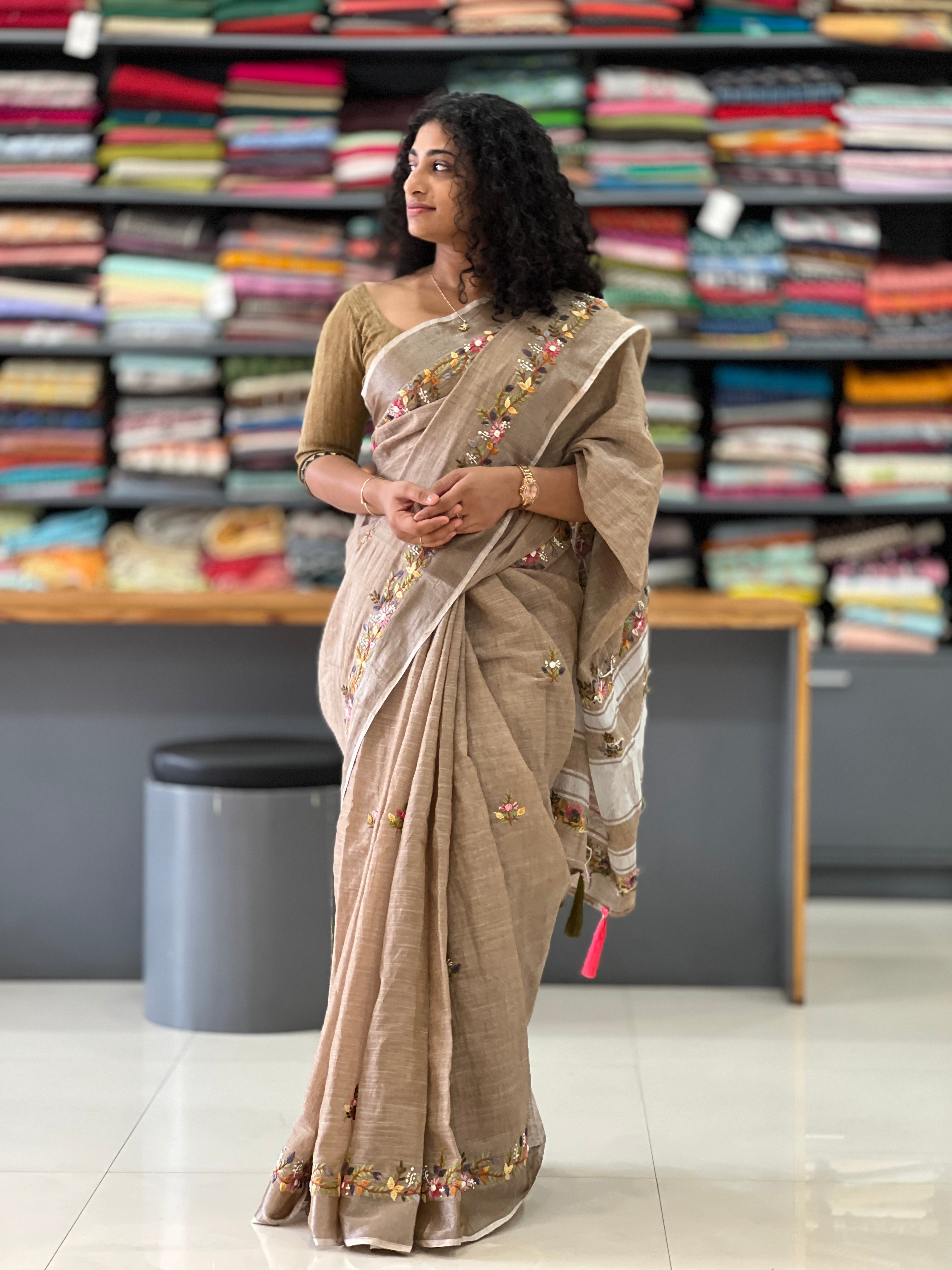 Floral Hand Embroidery Pattern & Silver Zari Border Bhagalpuri Linen Saree | RP375
