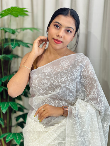 White Threads Machine Embroidery Detailed Kota Saree | MR161