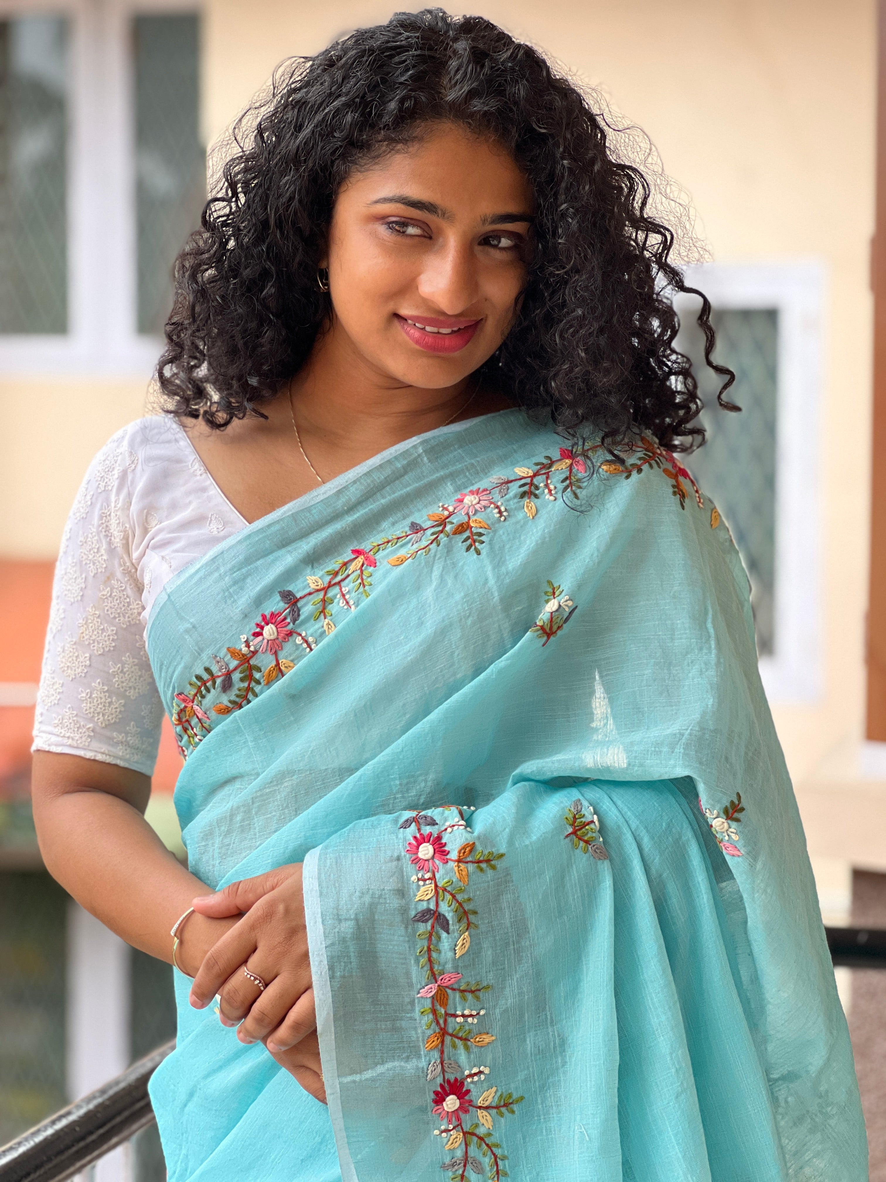 Floral Hand Embroidery Pattern & Silver Zari Border Bhagalpuri Linen Saree | RP375