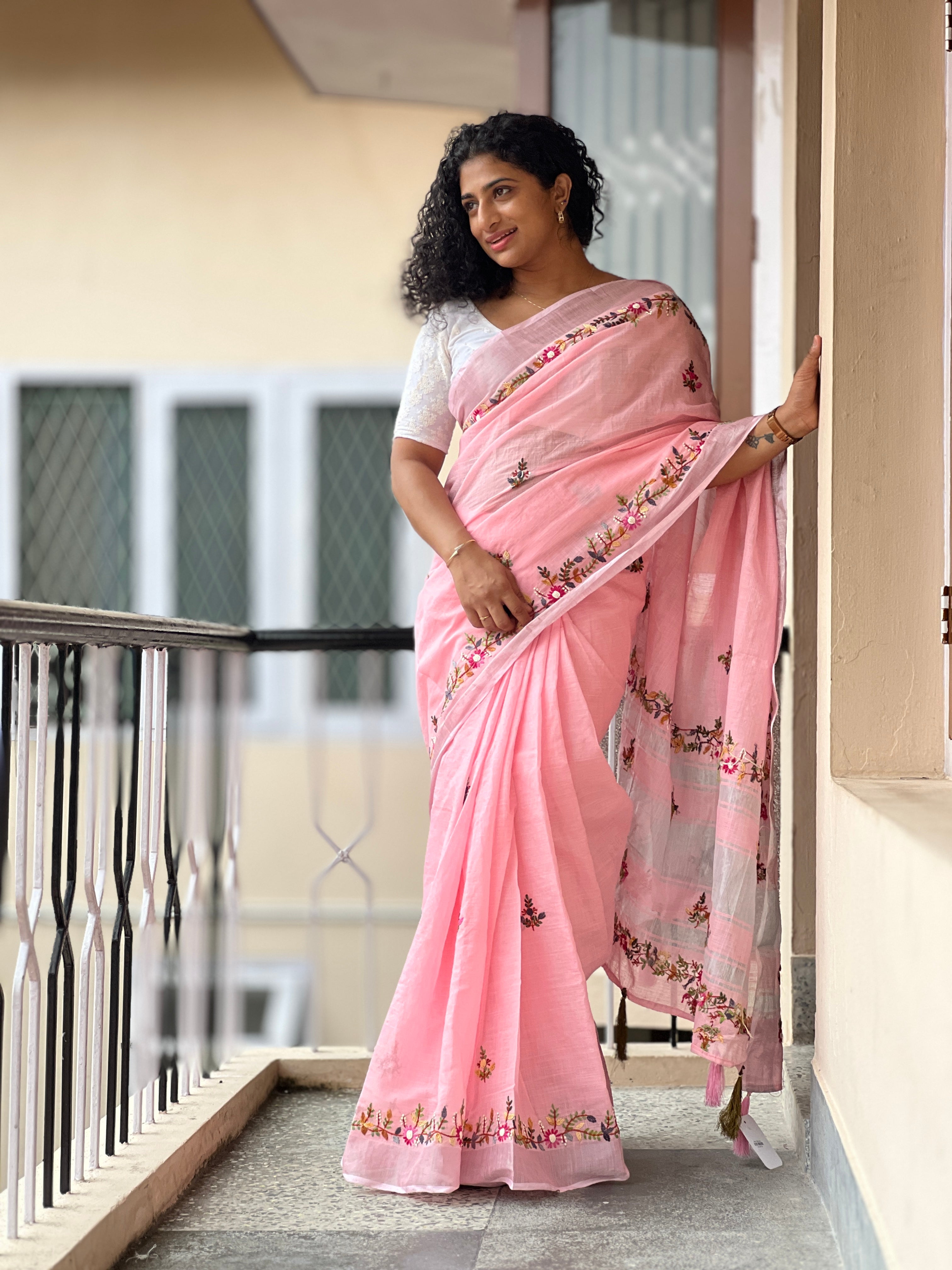 Floral Hand Embroidery Pattern & Silver Zari Border Bhagalpuri Linen Saree | RP375