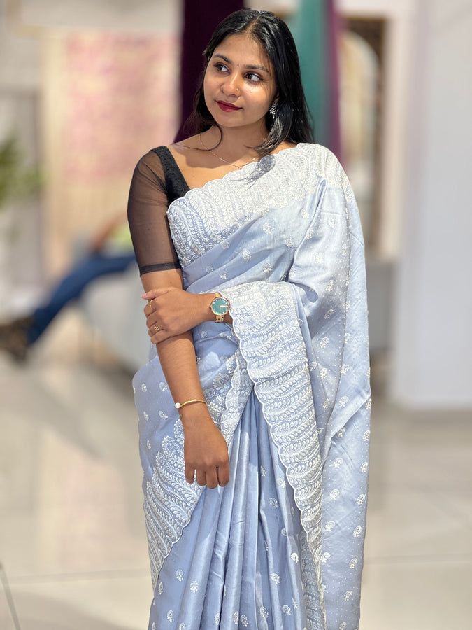 Embroidery With Sequence Highlighted Semi Tussar Saree | SUN418