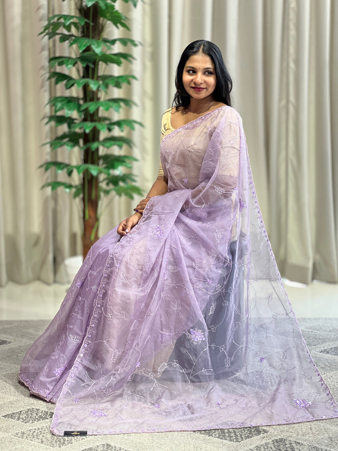 Sequence & Cut Beads Worked Organza Saree | SBP997