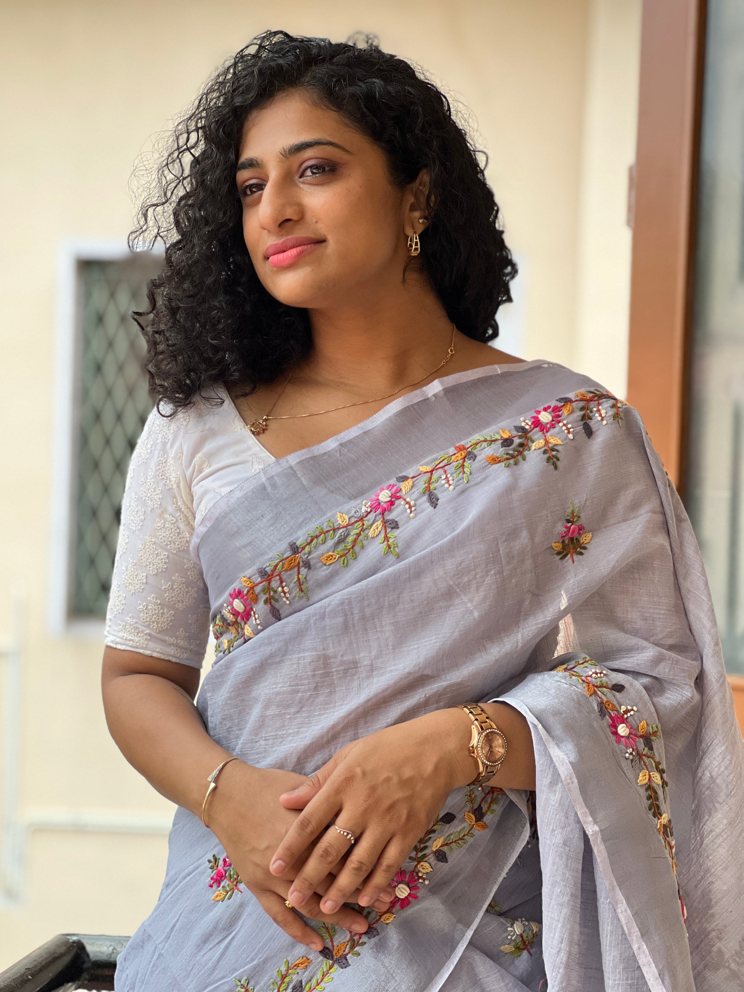 Floral Hand Embroidery Pattern & Silver Zari Border Bhagalpuri Linen Saree | RP375
