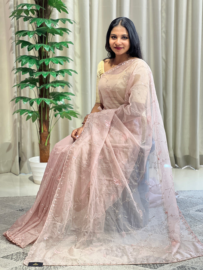 Sequence & Cut Beads Worked Organza Saree | SBP998