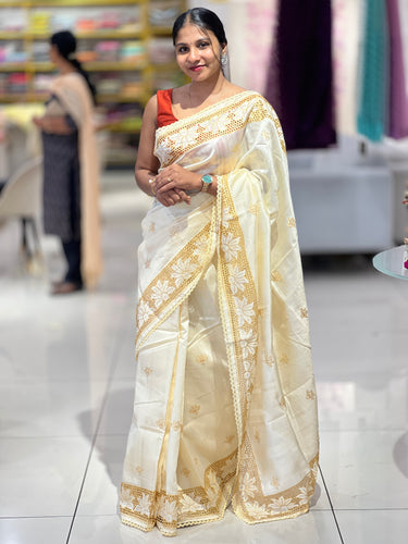 Honeycomb Detailed Border Tussar Finish Saree | SUN443