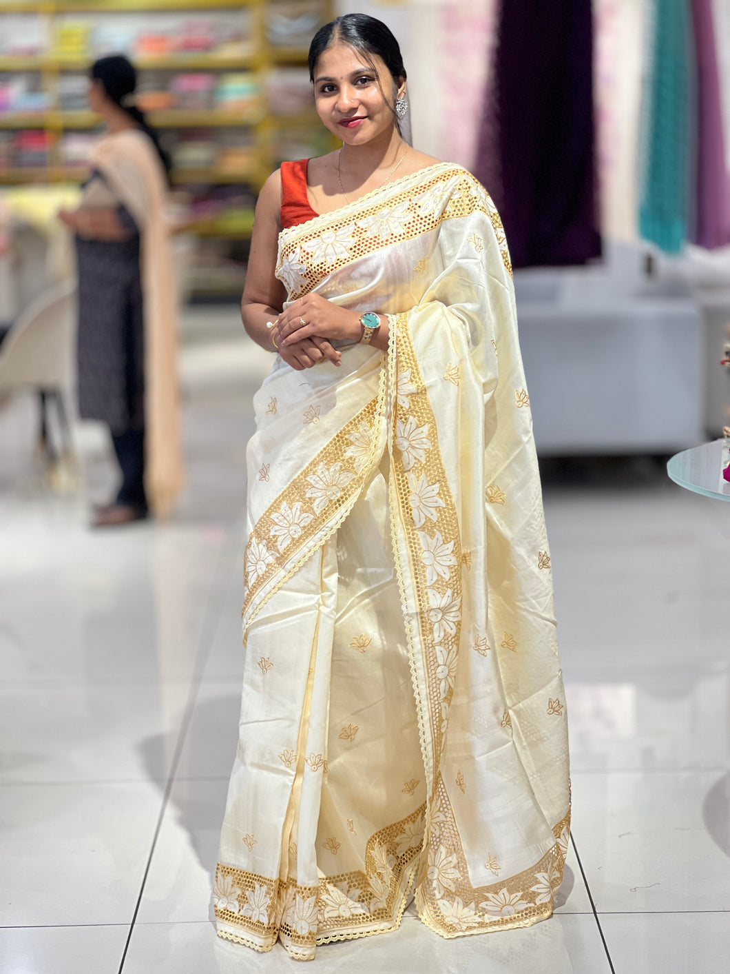 Honeycomb Detailed Border Tussar Finish Saree | SUN443