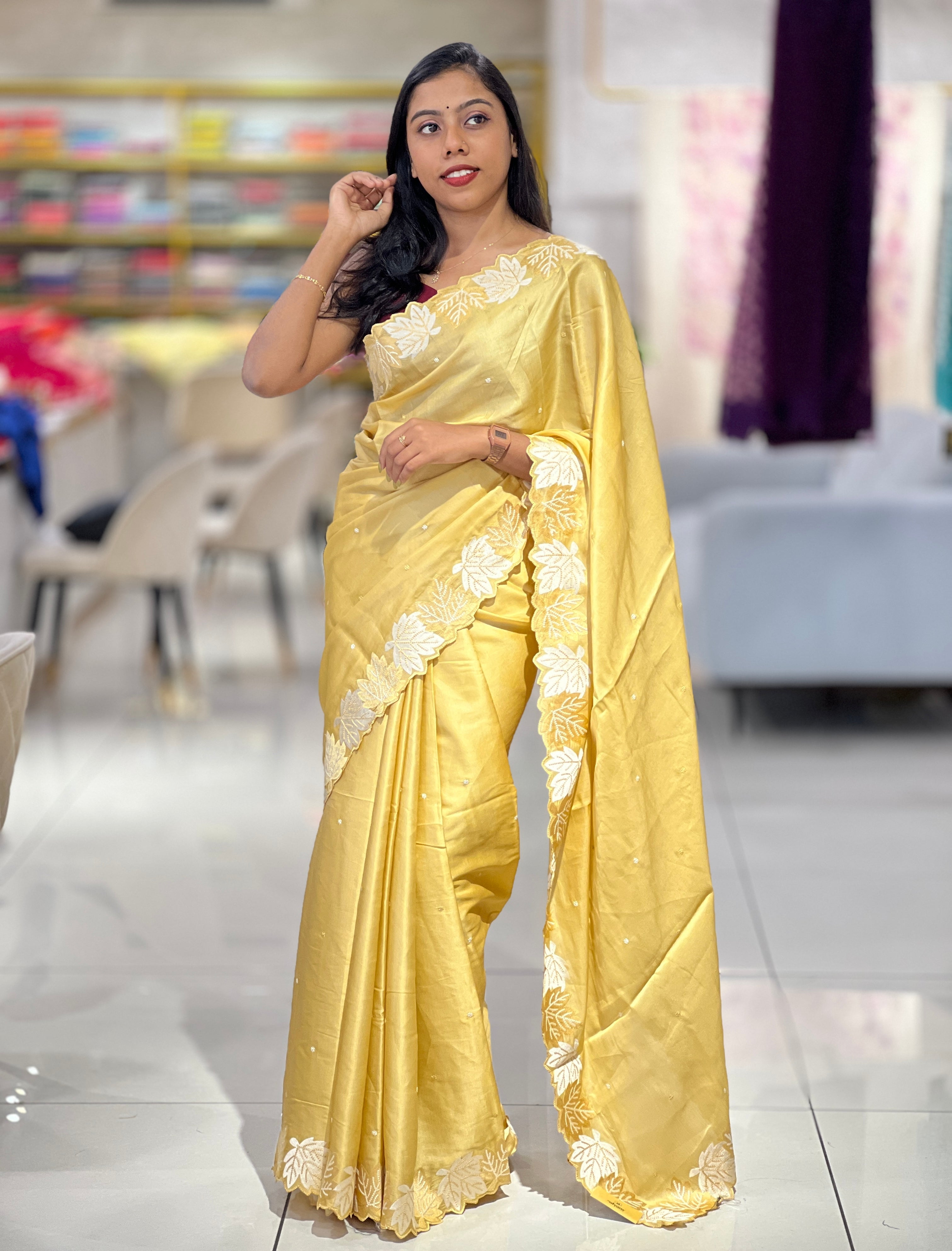 Point Embroidery Leaf Patterned Semi Tussar Saree | SUN426
