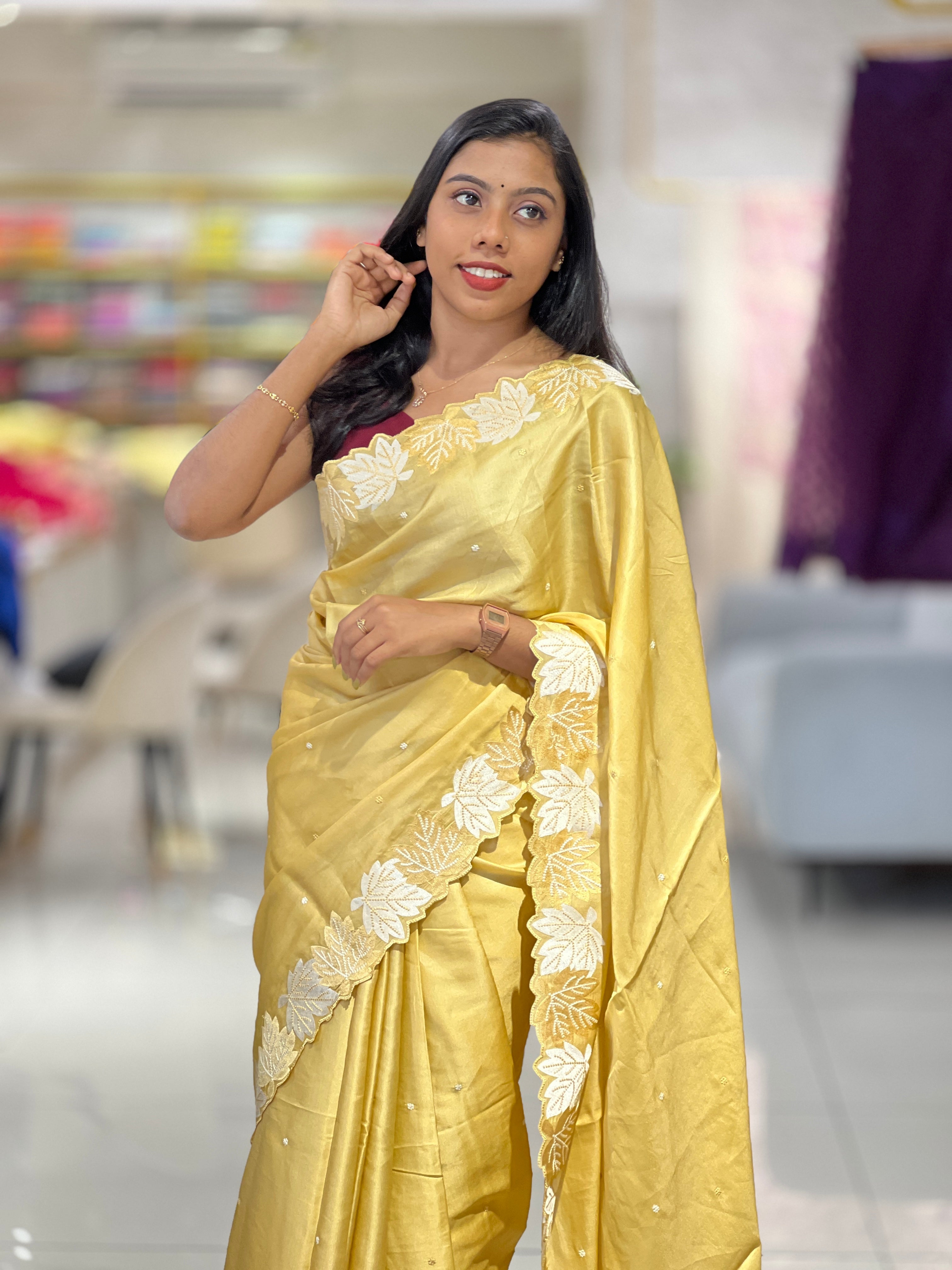 Point Embroidery Leaf Patterned Semi Tussar Saree | SUN426