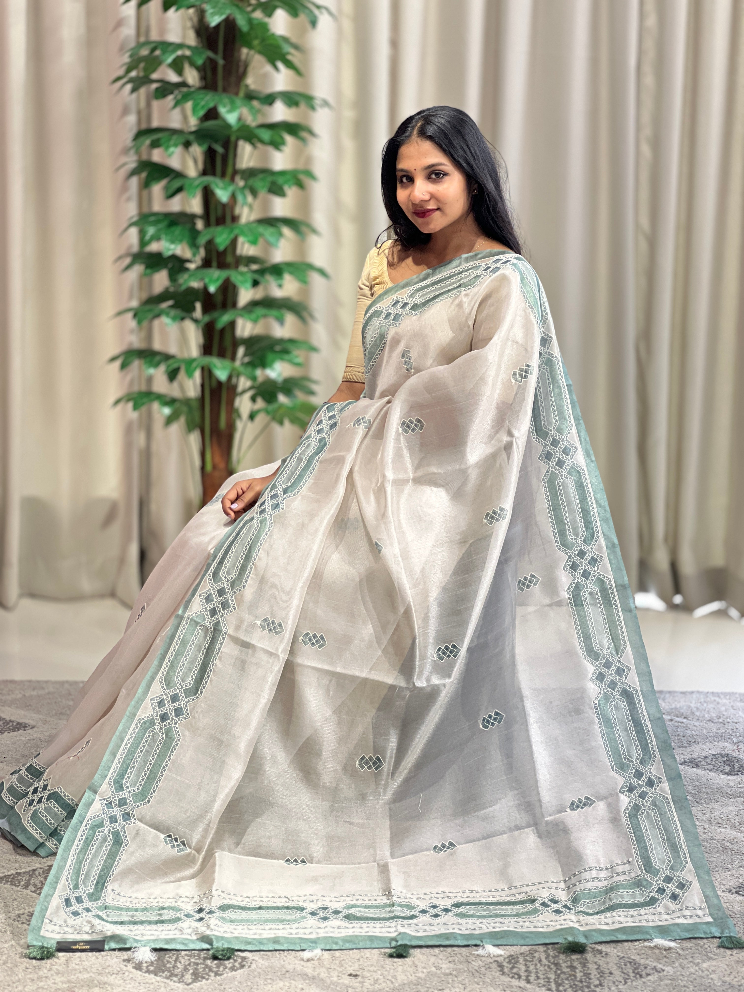 Print With Embroidery Highlighted Tussar Organza Saree  | BLD1114