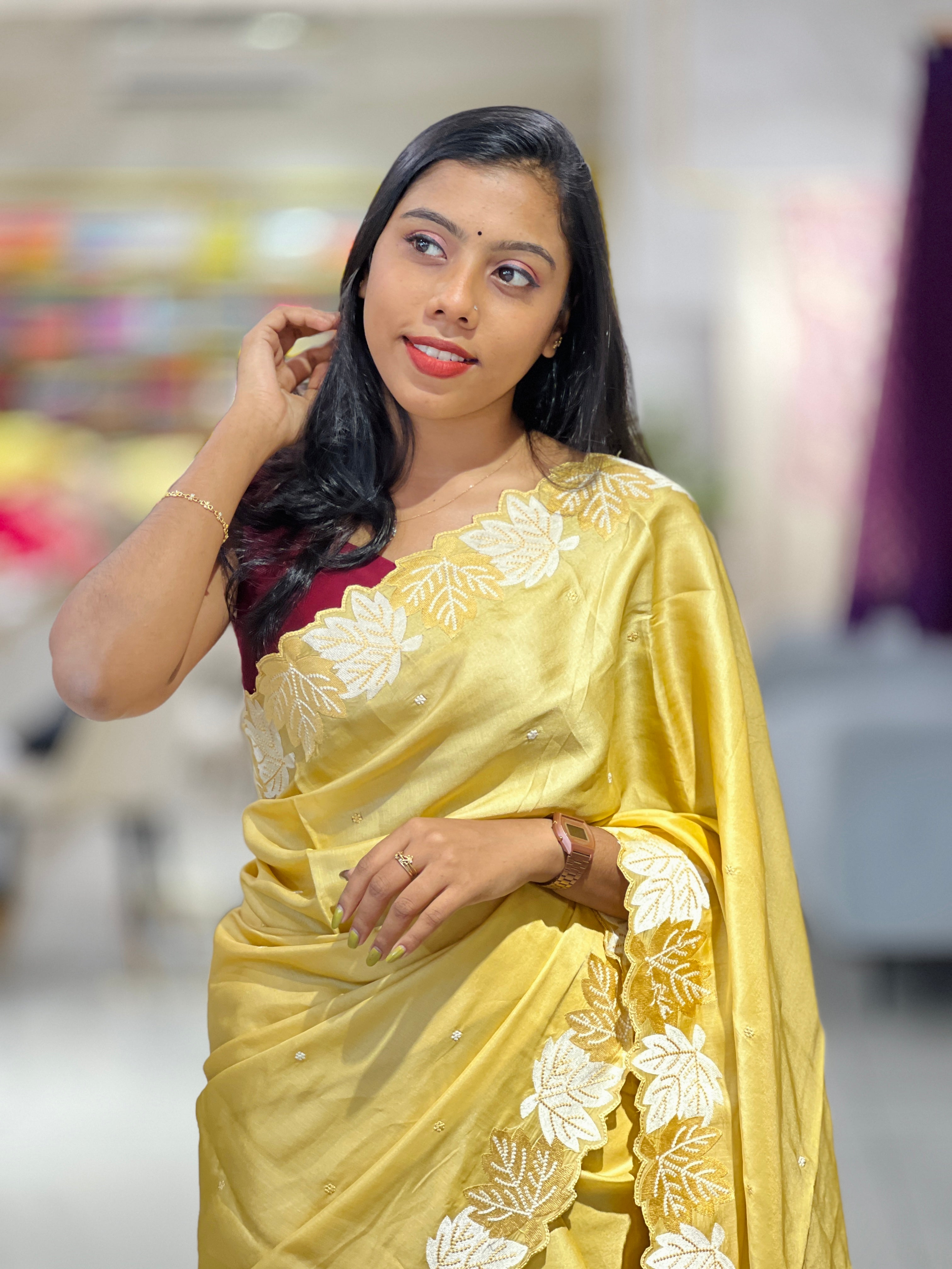 Point Embroidery Leaf Patterned Semi Tussar Saree | SUN426