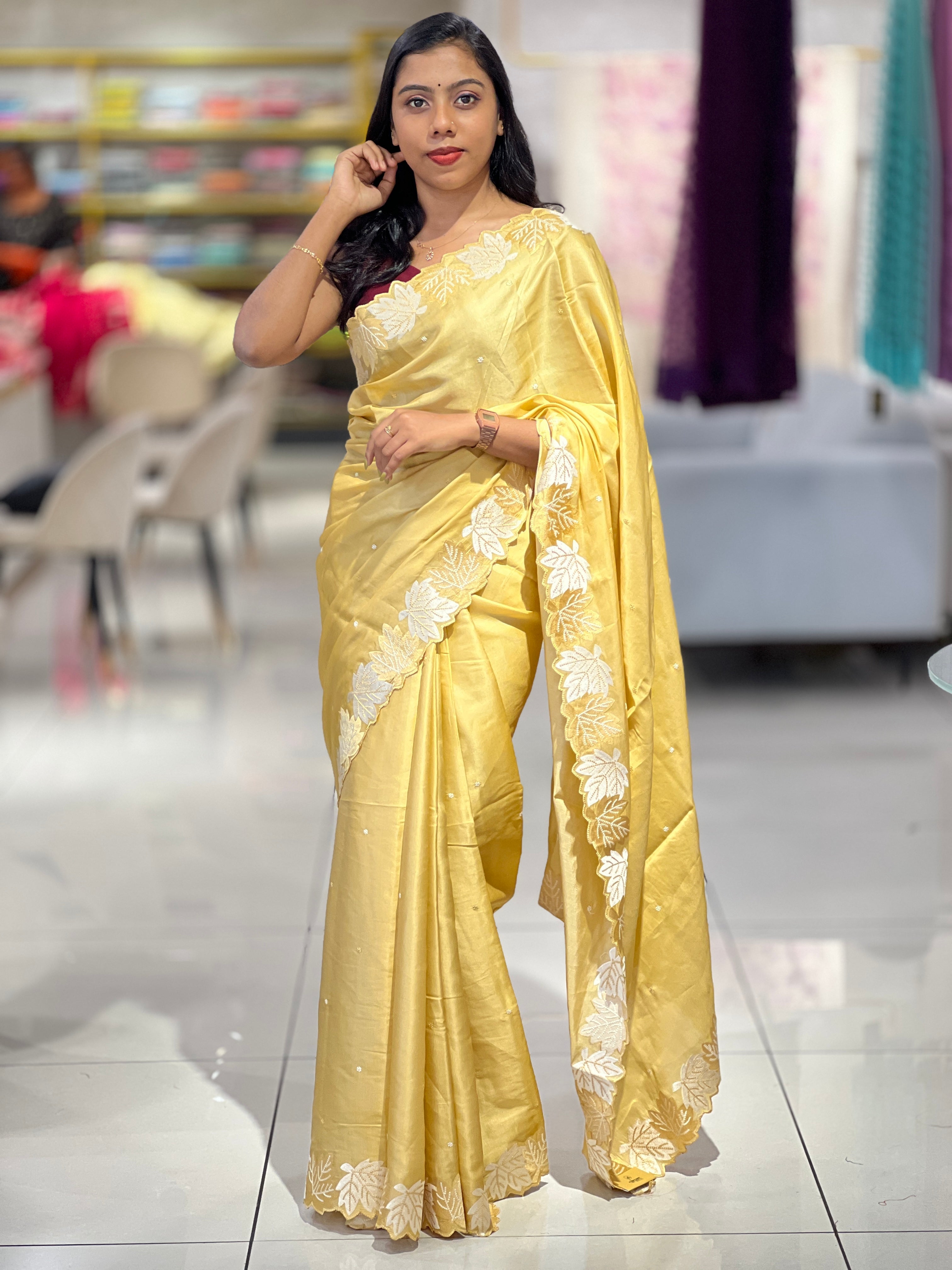 Point Embroidery Leaf Patterned Semi Tussar Saree | SUN426