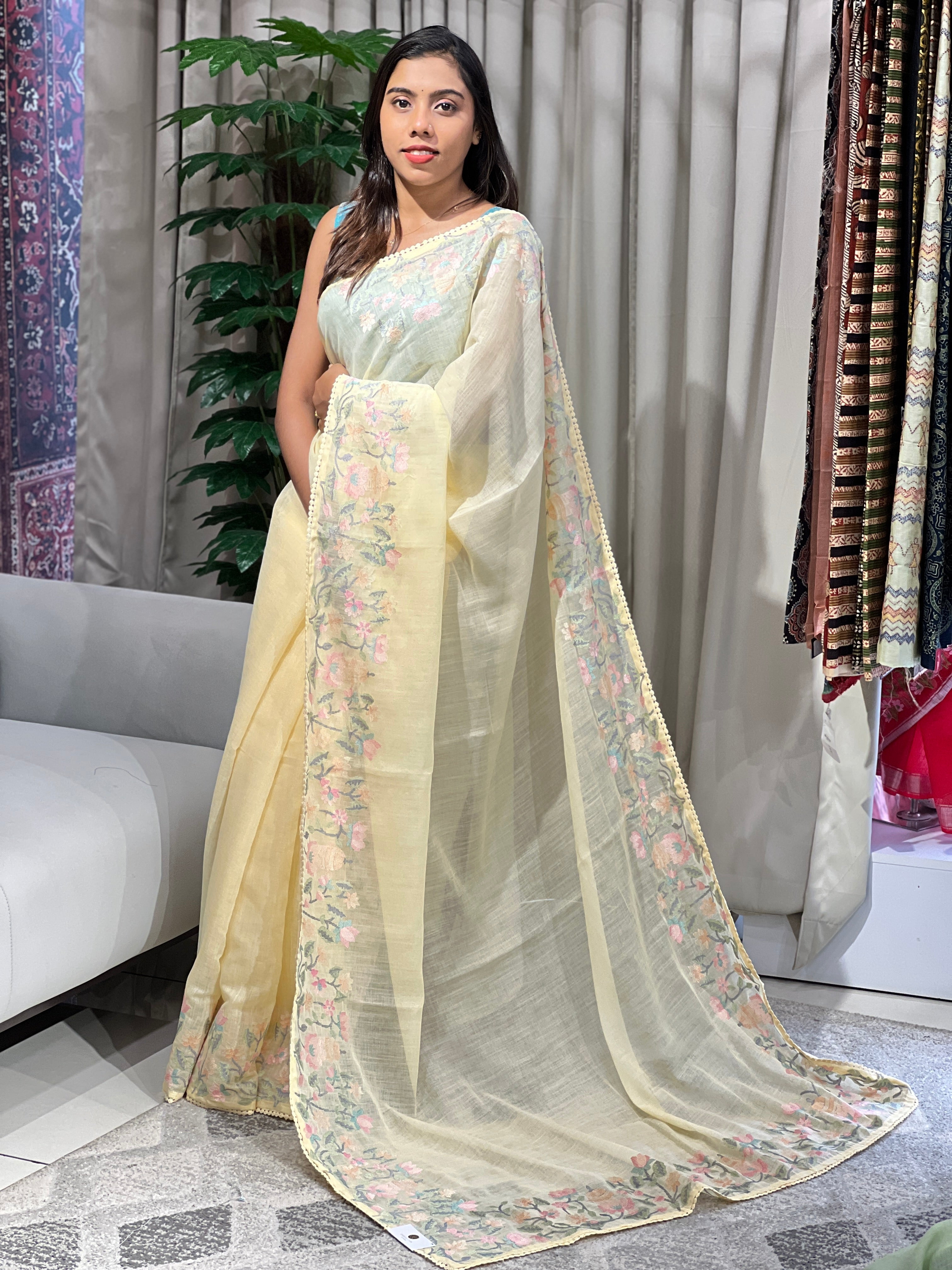 Floral Embroidery Detailed Linen Cotton Saree | BLD1499