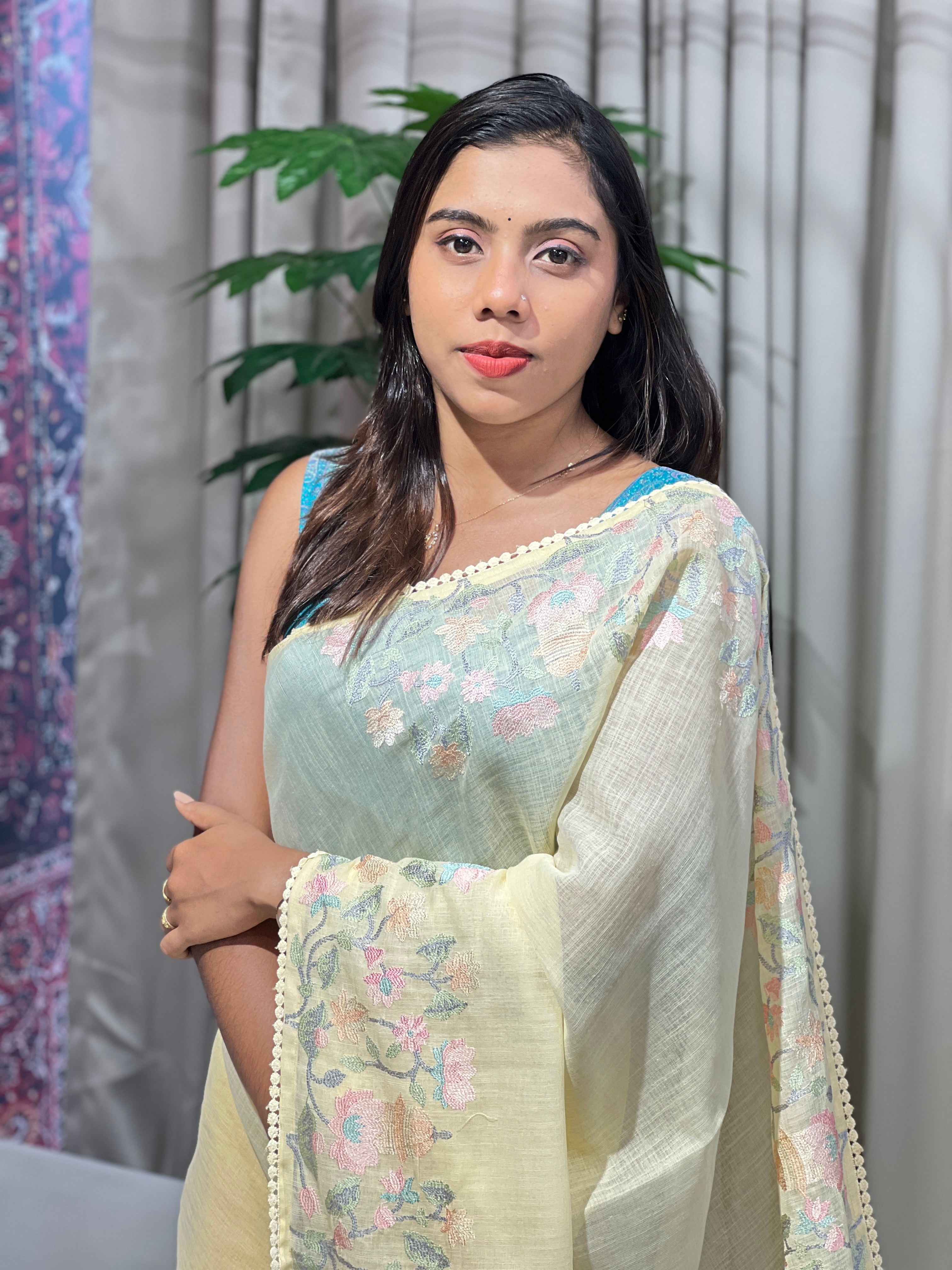 Floral Embroidery Detailed Linen Cotton Saree | BLD1499