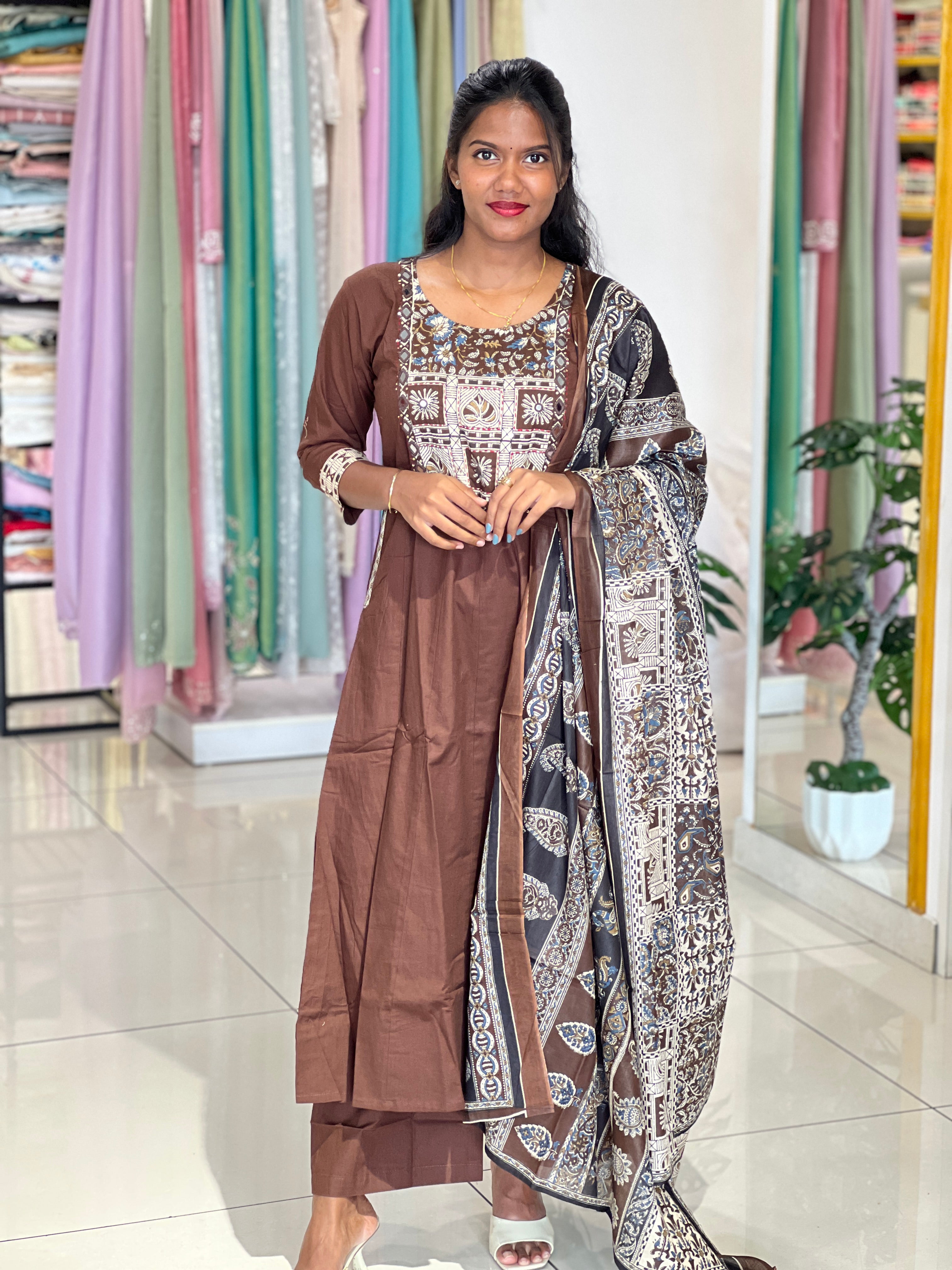Floral Printed Kantha & Work Detailed Cotton Kurta Set |OMF139