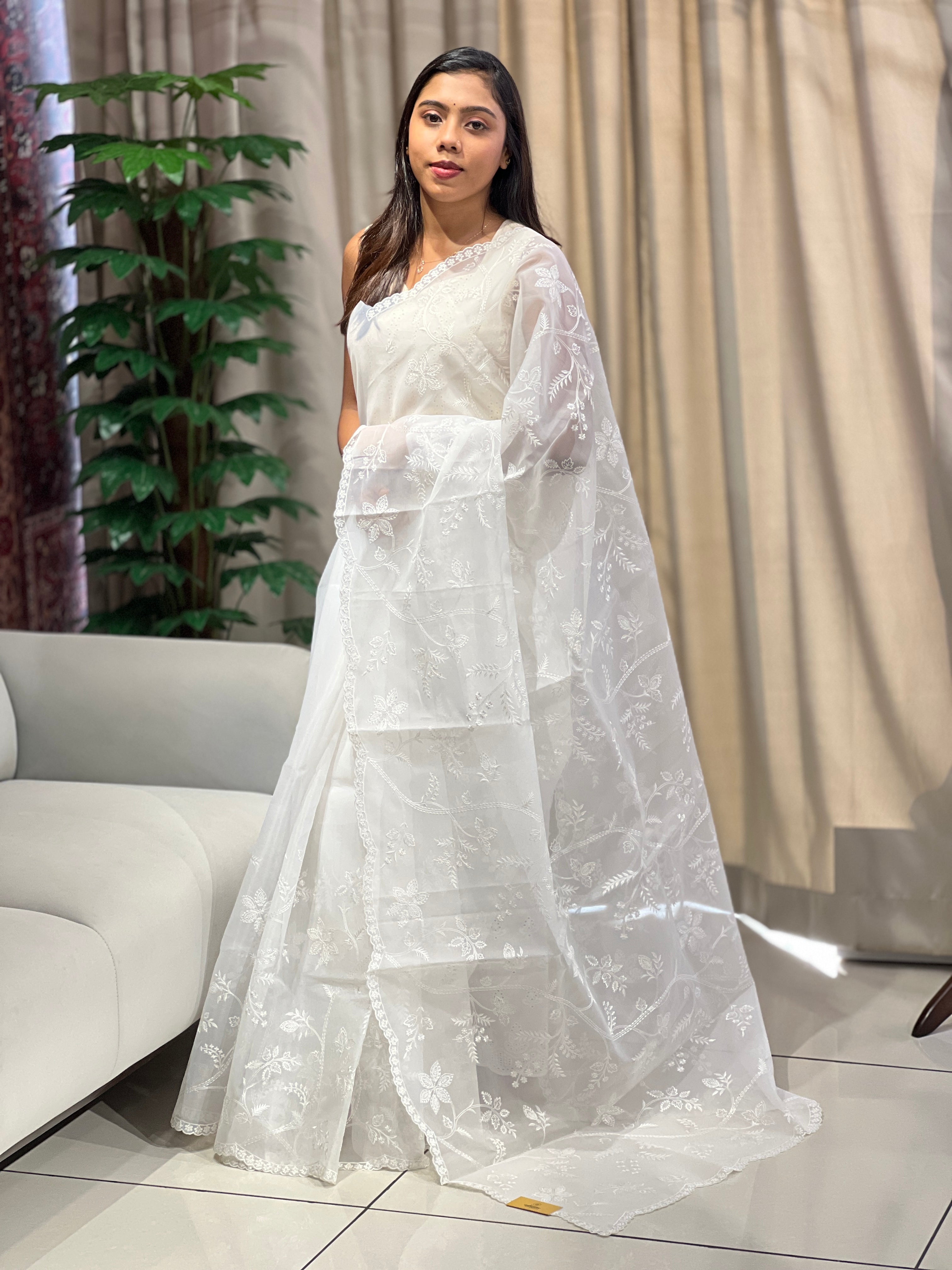 Floral Machine Embroidered Organza Saree | PKS135