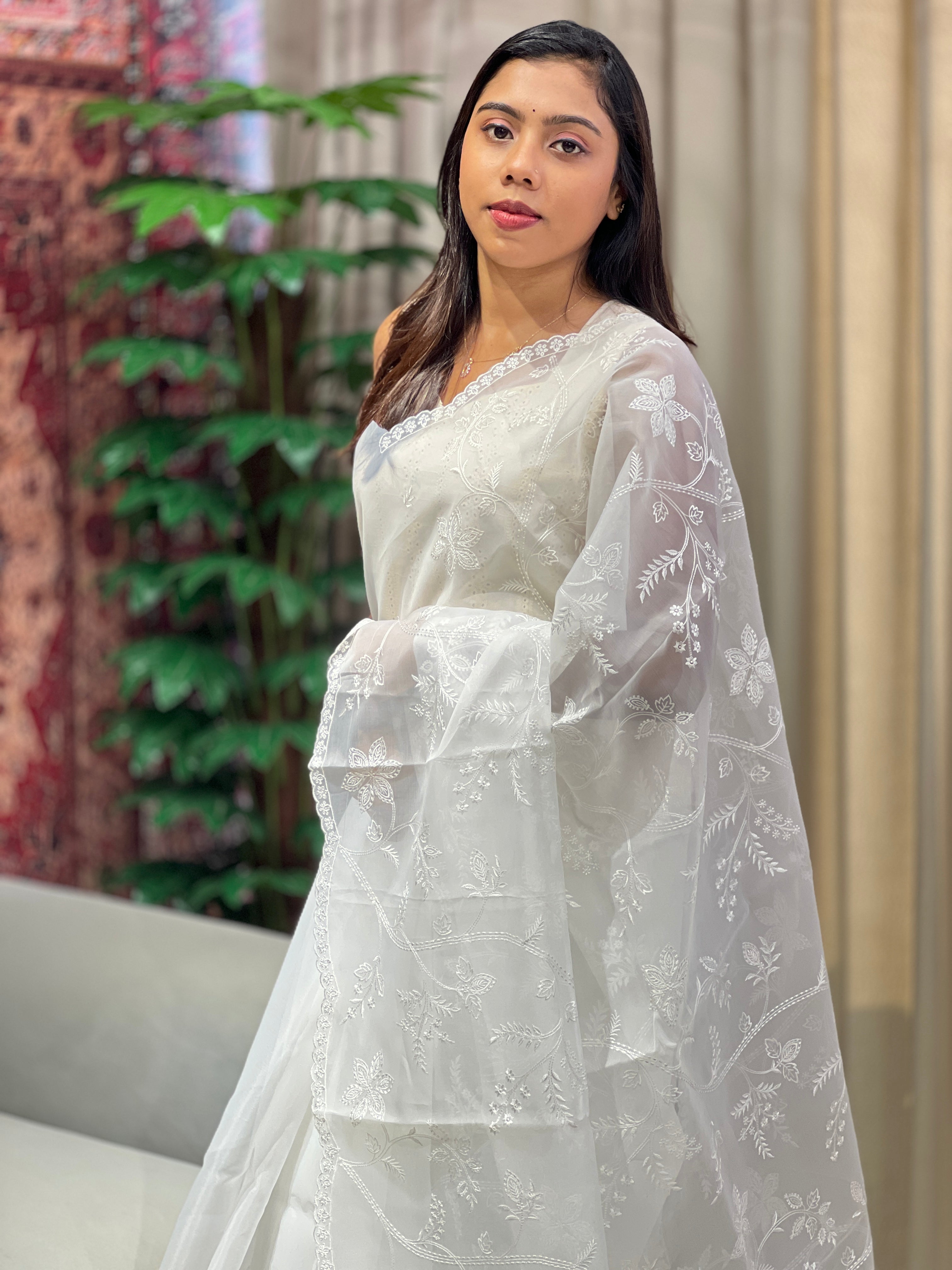 Floral Machine Embroidered Organza Saree | PKS135