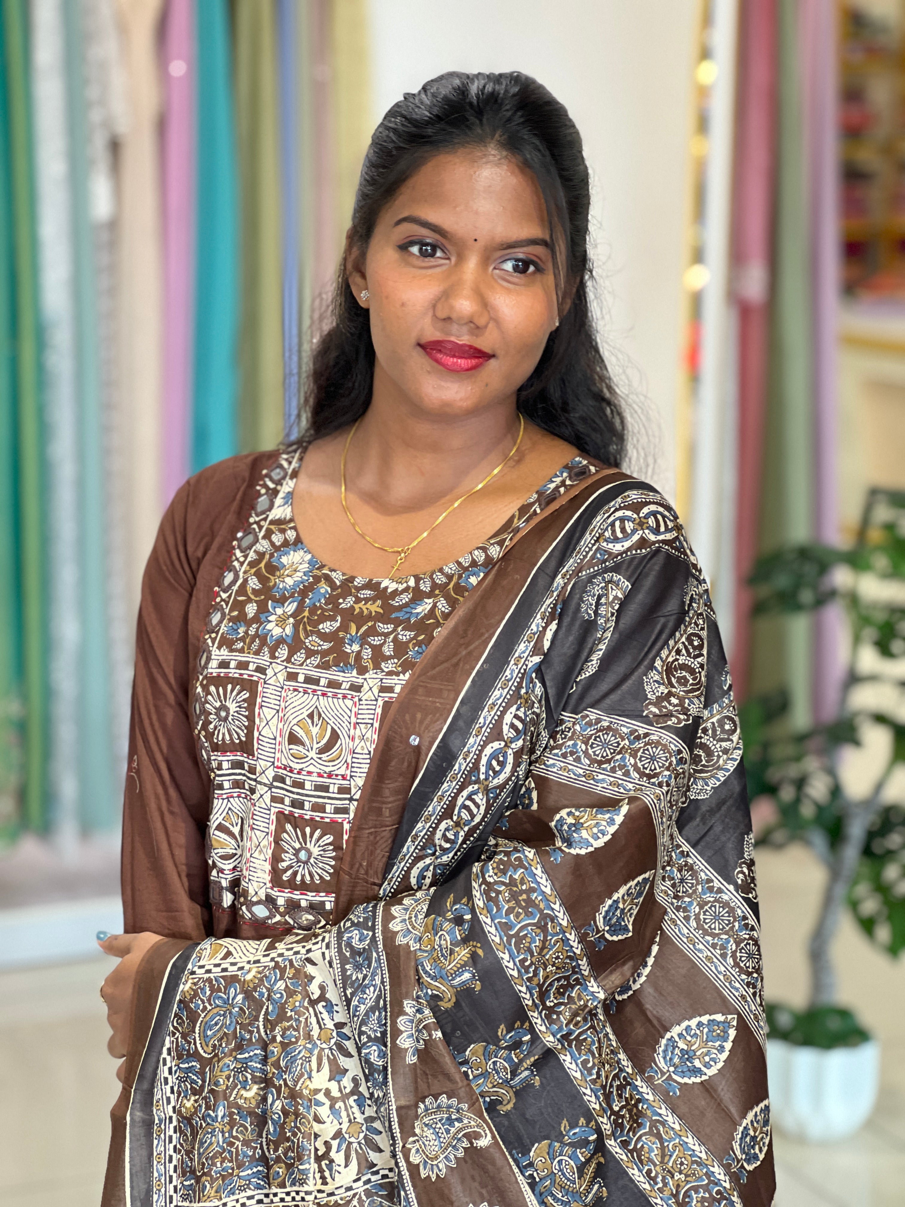 Floral Printed Kantha & Work Detailed Cotton Kurta Set |OMF139